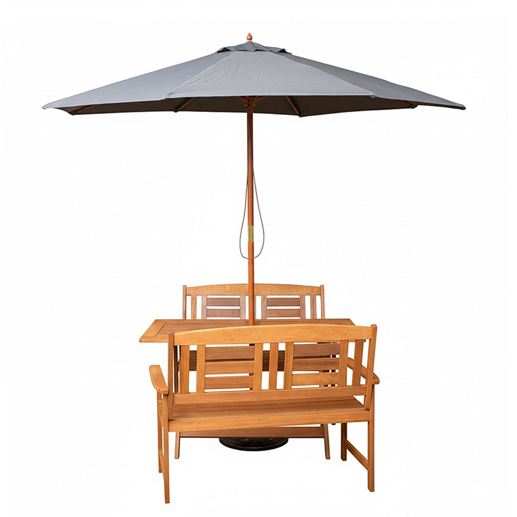 Outdoor 4 Person Folding Rectangular Wooden Garden Dining Table Benches Grey Parasol and Base Set