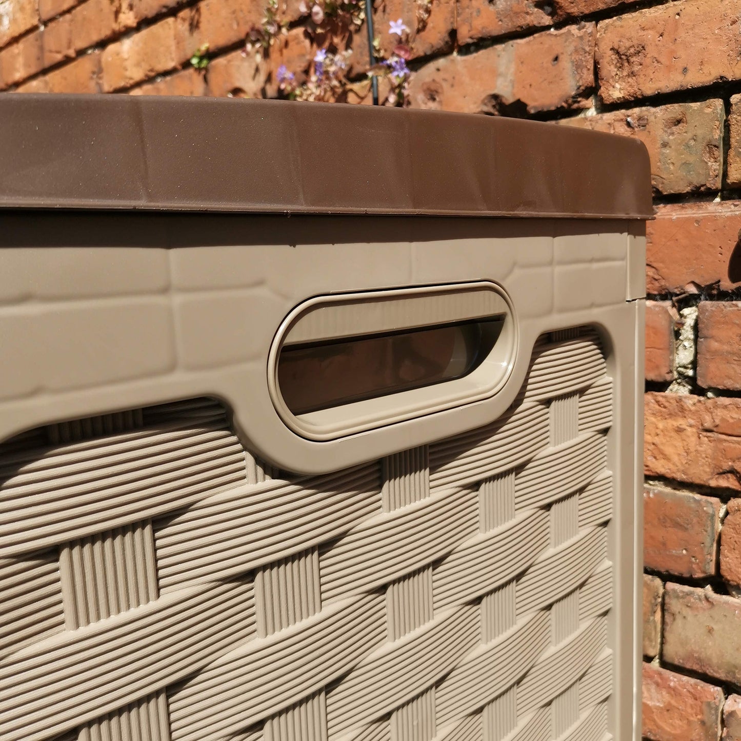 Factory Seconds: 335 Litre Rattan Style Garden Cushion Storage Box with Sit on Lid – Dark Brown