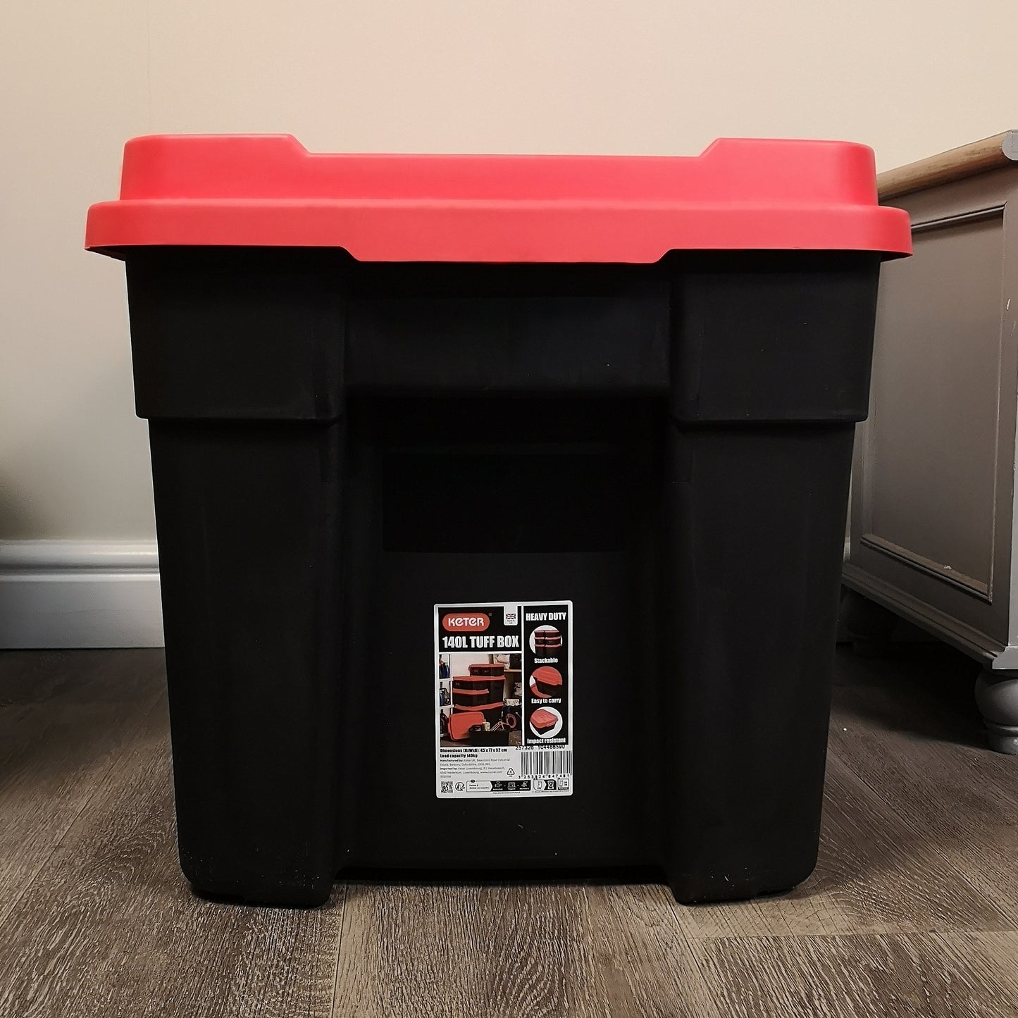 140L Black and Red Tuff Stackable Storage Box with Lid and Carry Handles
