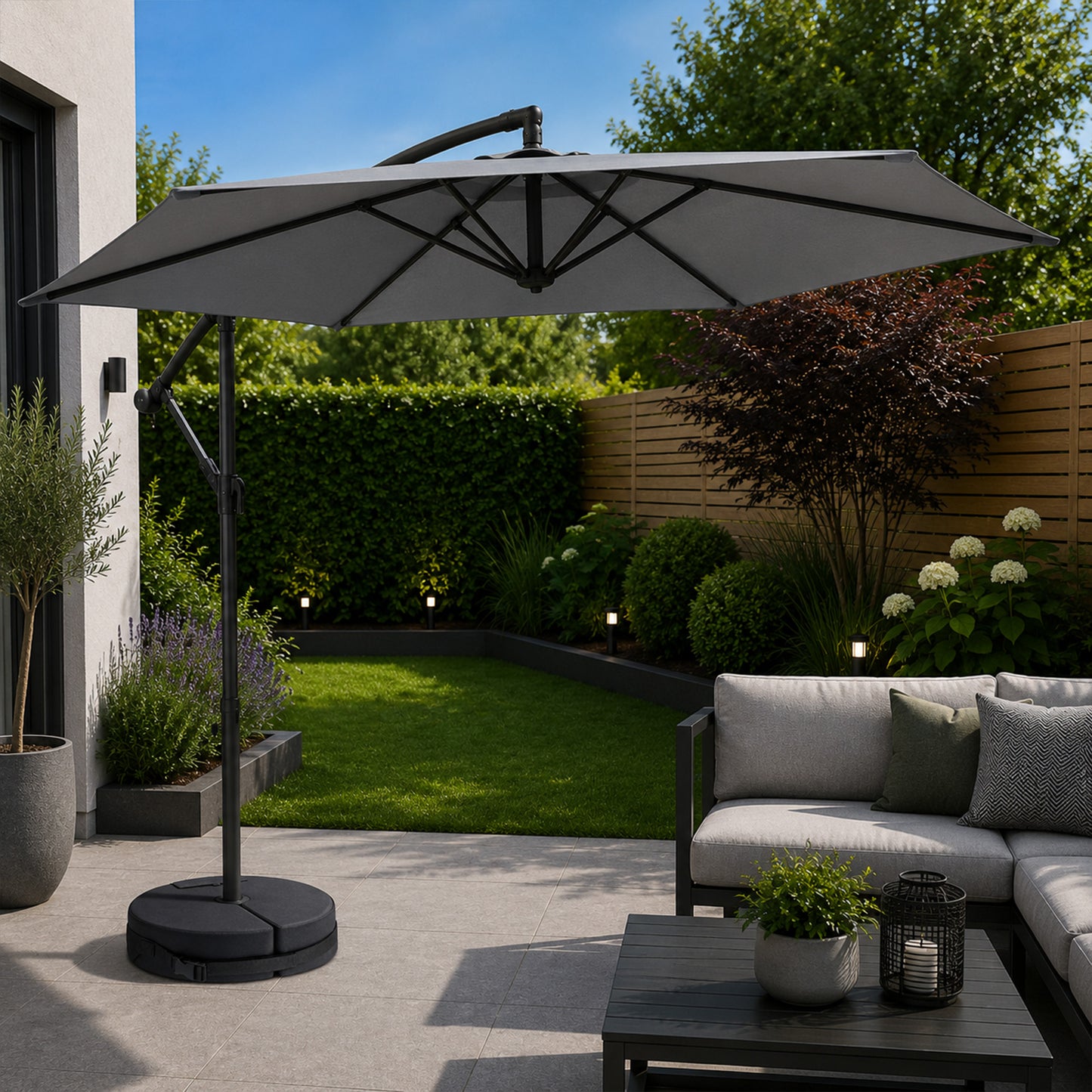 3m Cantilever Banana Garden Parasol with Crank Handle in Grey with Base Bag Included