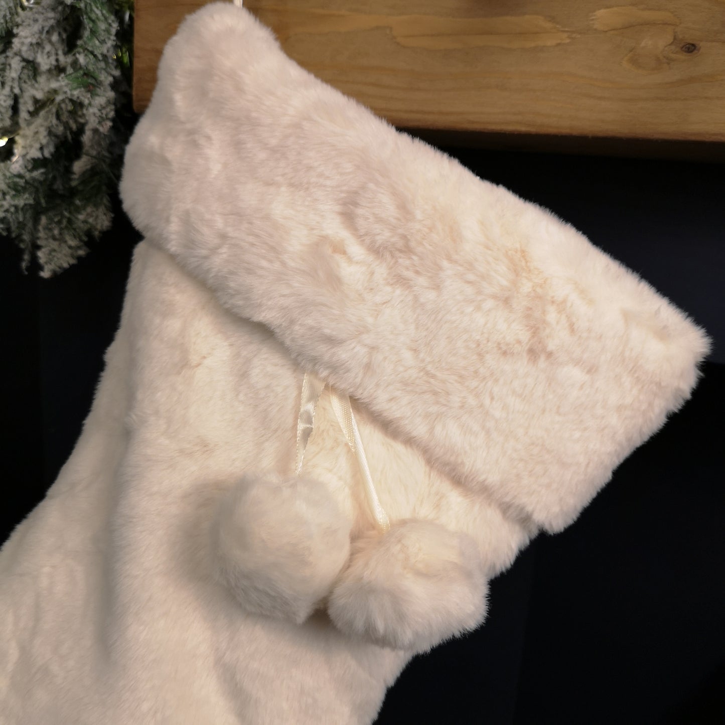 50cm Winter White Faux Fur Hanging Christmas Stocking with Pom Poms