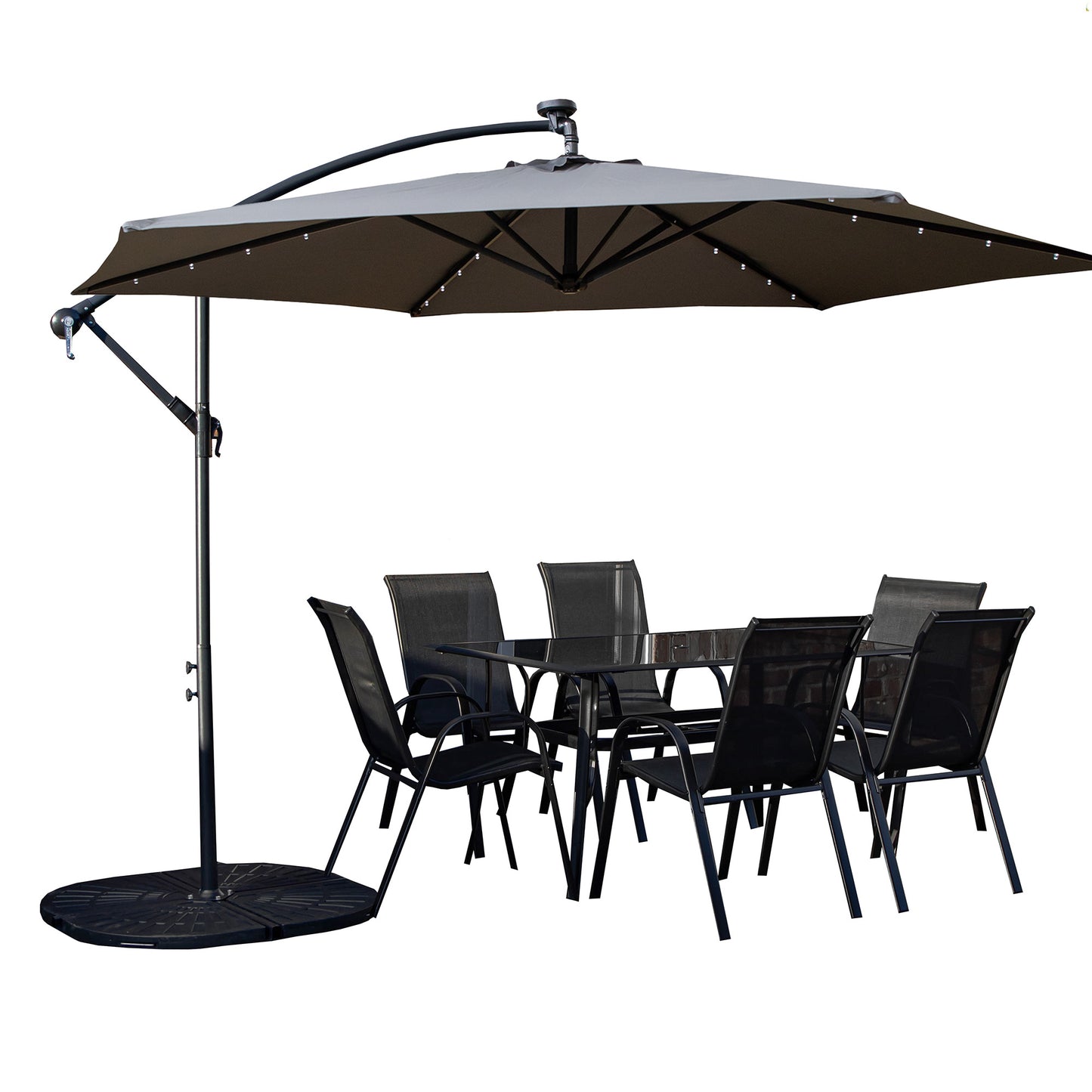 Outdoor 6 Person Rectangular Glass Top Garden Dining Table Chairs With Grey Banana Lit Parasol and Base