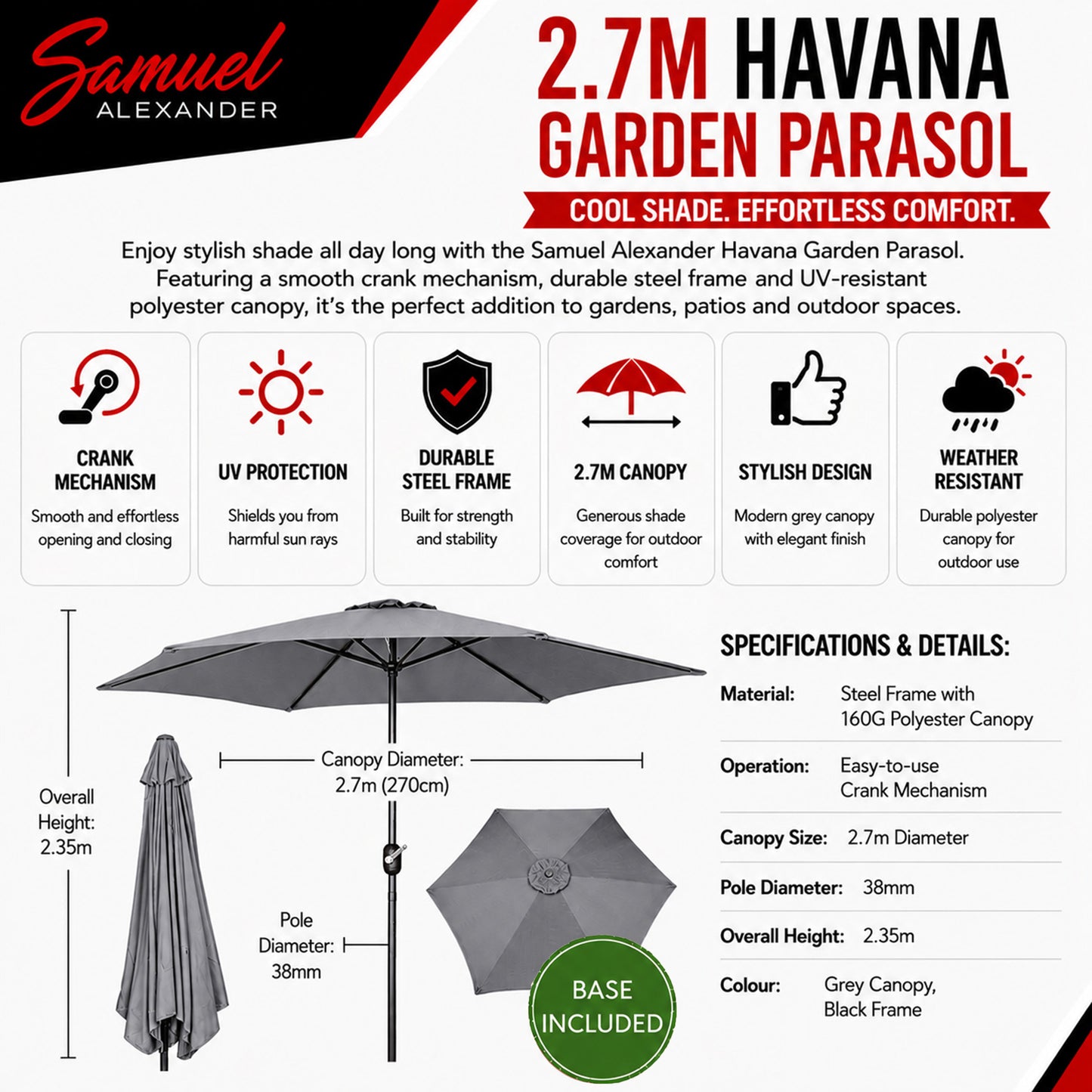 2.7m Havana Garden Patio Parasol with Crank Handle in Grey with 9kg Base Included
