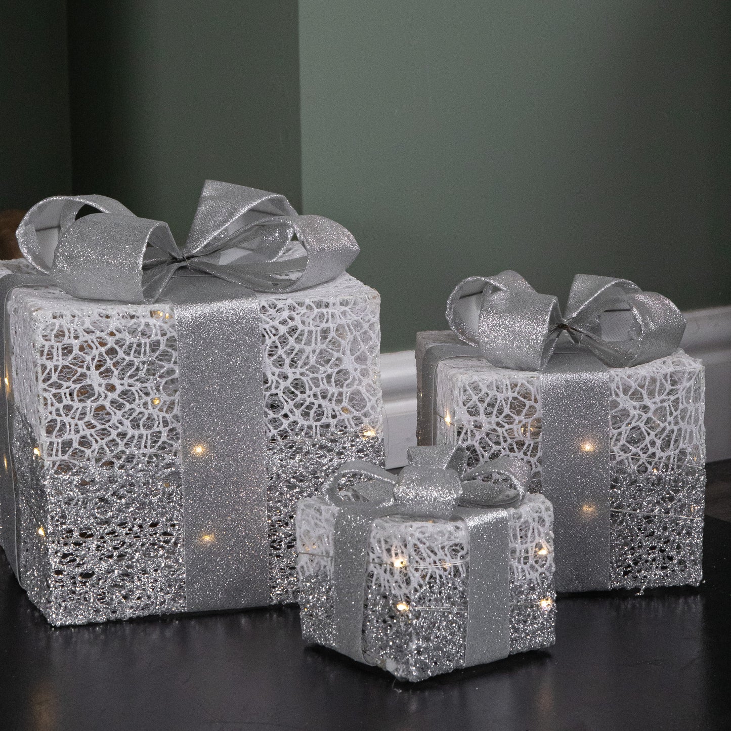 Set of 3 Battery Operated Silver Sparkly Christmas Gift Boxes with LEDs