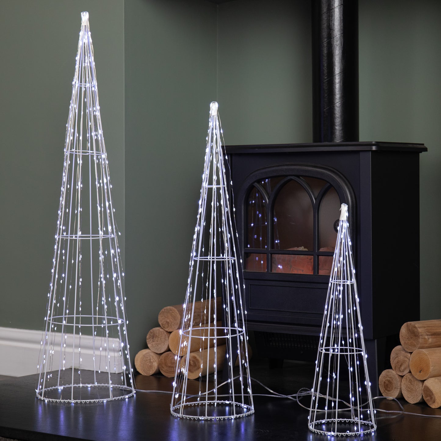 81cm Set of 3 Light up Christmas Dewdrop Cone Tree with 654 White LEDs