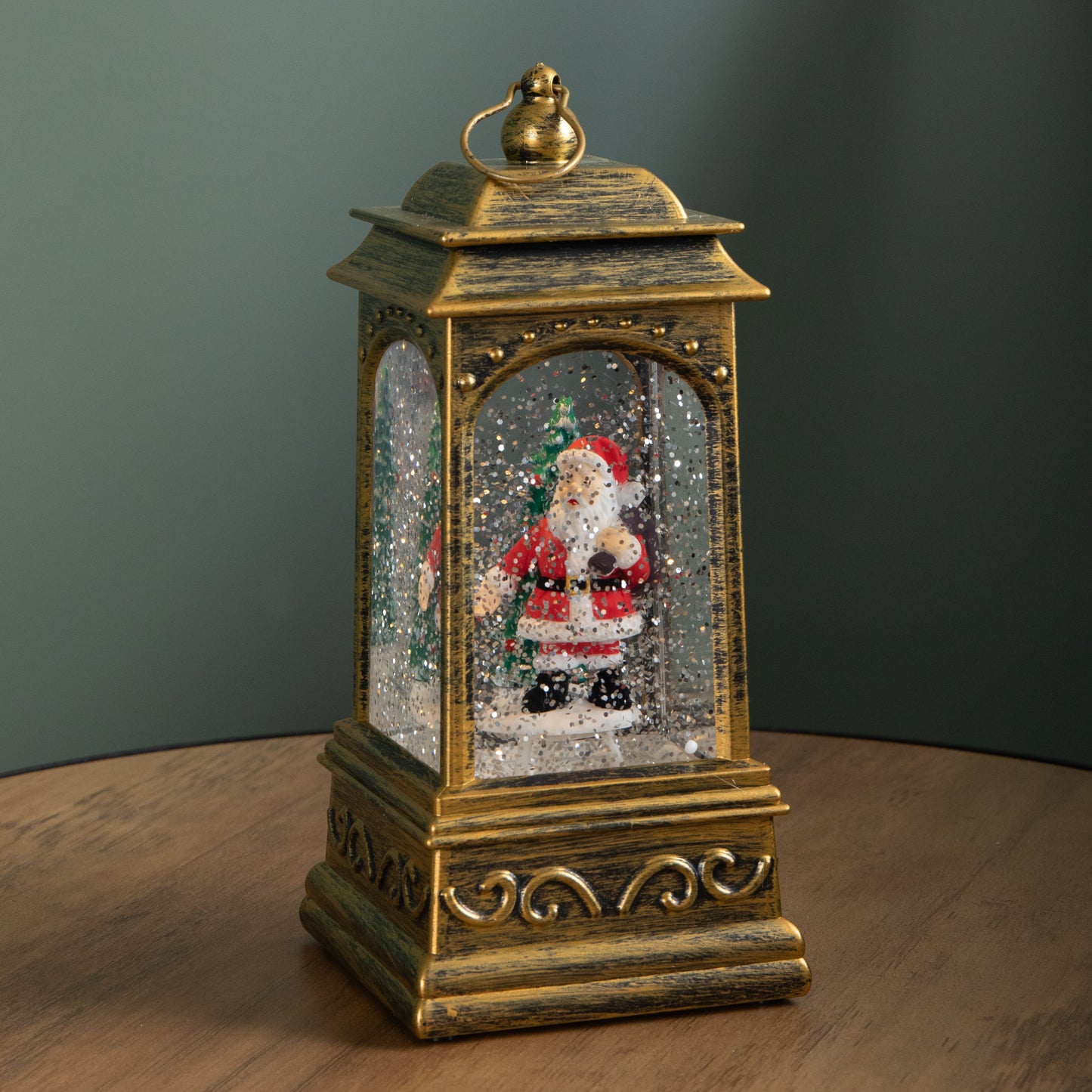 21cm Dual Powered Light up Rustic Gold Christmas Water Spinner Decoration with Santa Scene