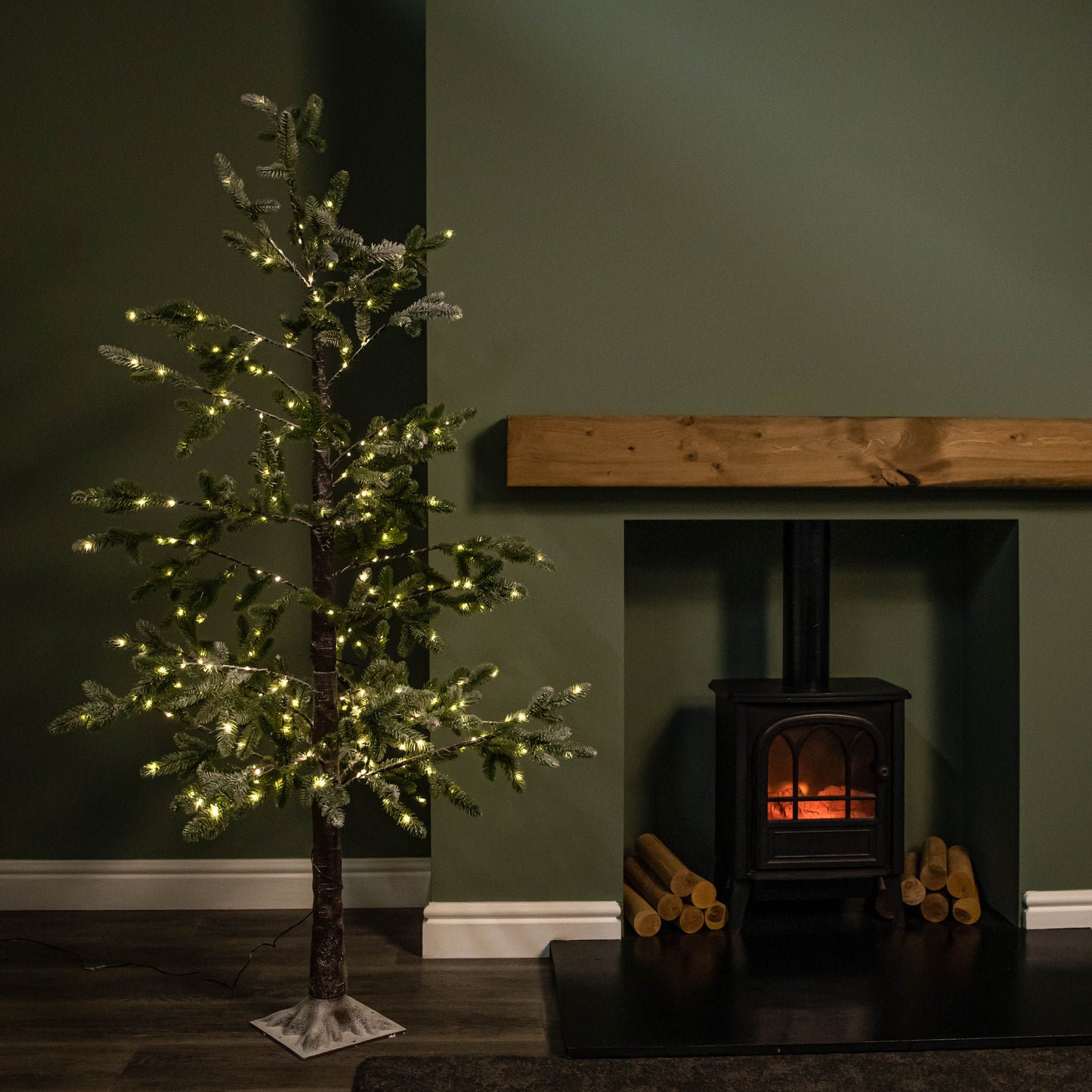 6ft (1.8m) Light up Noel Snow Christmas Tree with 312 Warm White LEDs & Brown Stand