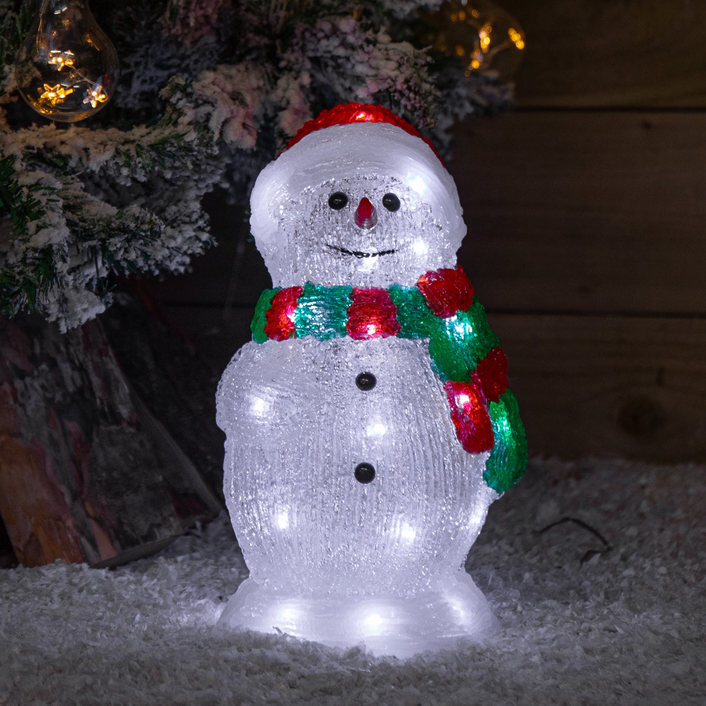 30cm Light up Acrylic Christmas Snowman in Red and Green Scarf with White LEDs