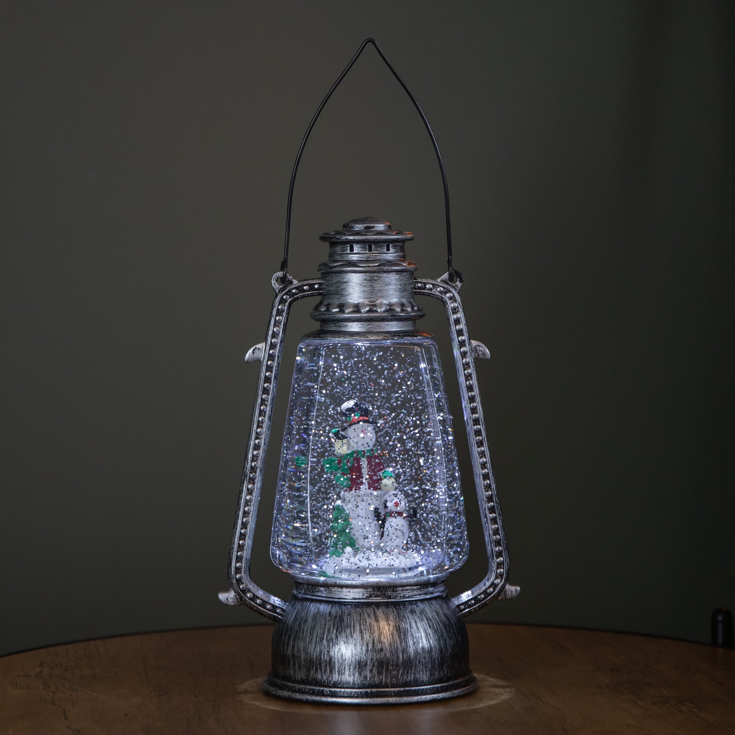 24cm Dual Powered Light up Silver Antique Lantern Christmas Water Spinner with Snowman Scene