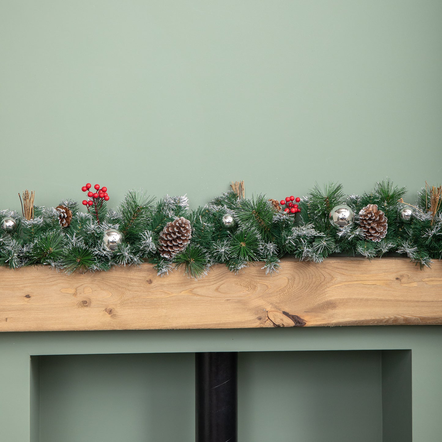1.8m (6ft) Dressed Christmas Garland with Silver Baubles Pinecones & Berries