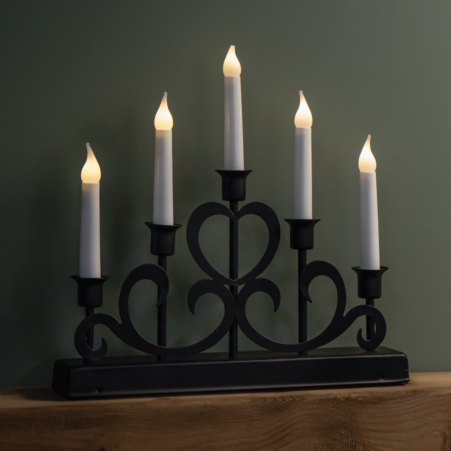32cm Battery Operated Light up Black Metal Christmas Candlebridge with 5 LEDs