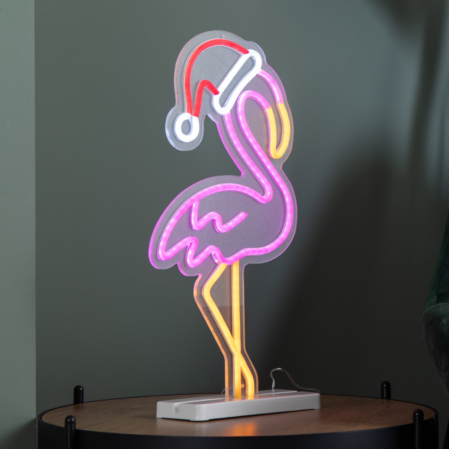 43cm Light up Neon Effect Flamingo with Santa Hat on Base with Multi-Coloured LEDs