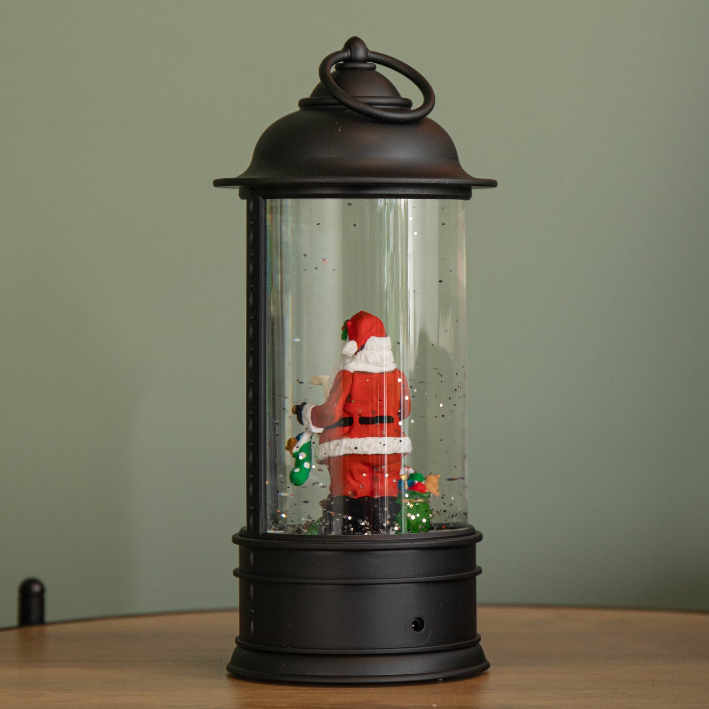 29cm Dual Power LED Christmas Glitter Water Spinner Black Lantern Santa Scene