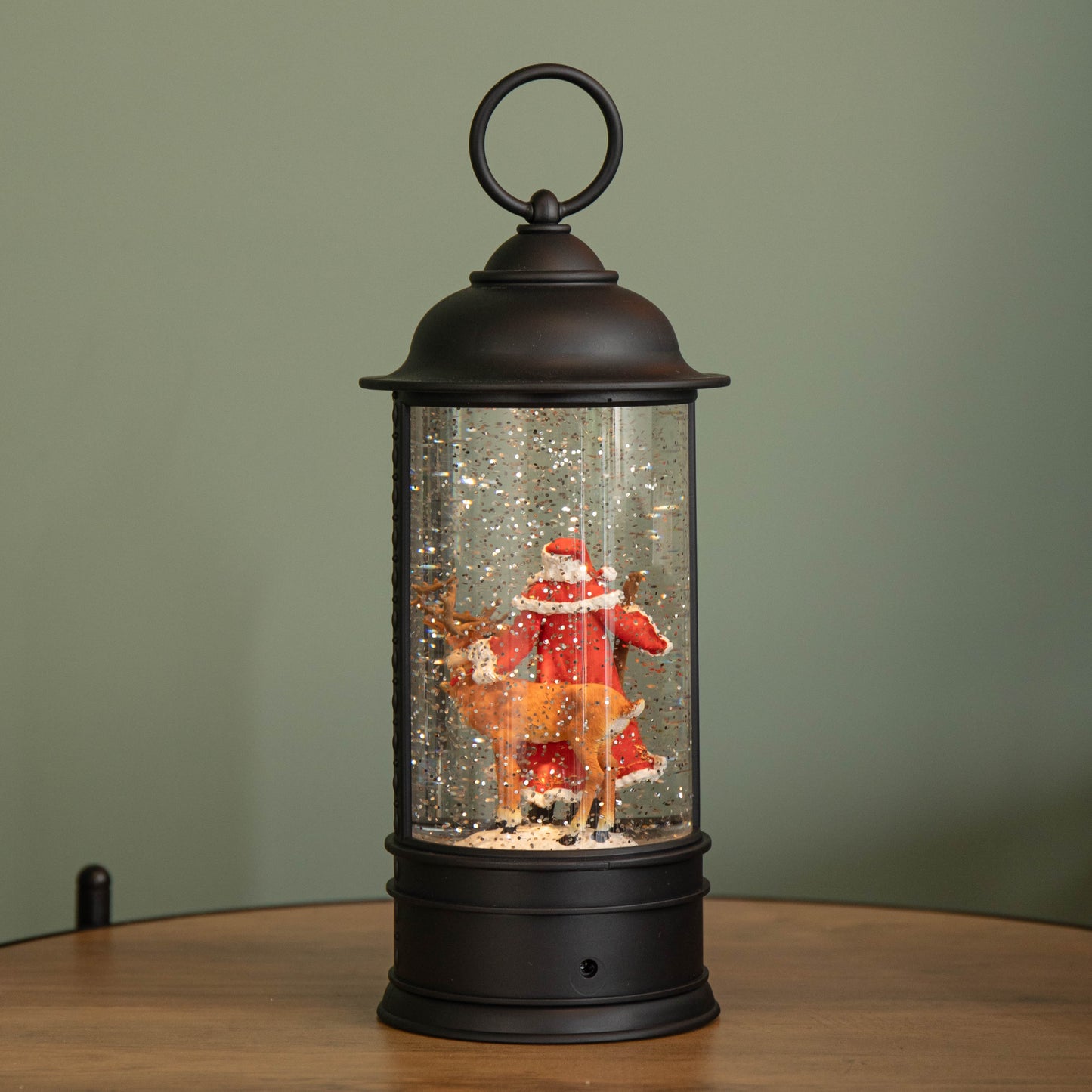 29cm Dual Power LED Christmas Glitter Water Spinner Black Lantern Santa & Reindeer Scene