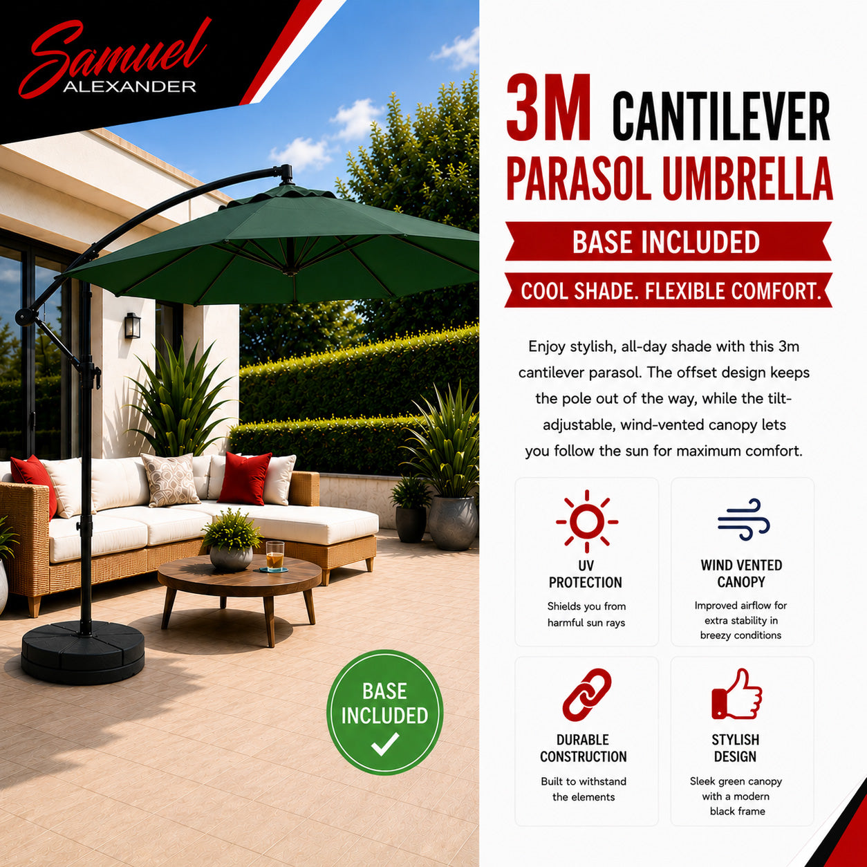 3m Cantilever Banana Garden Parasol with Crank Handle in Green with Base Bag Included