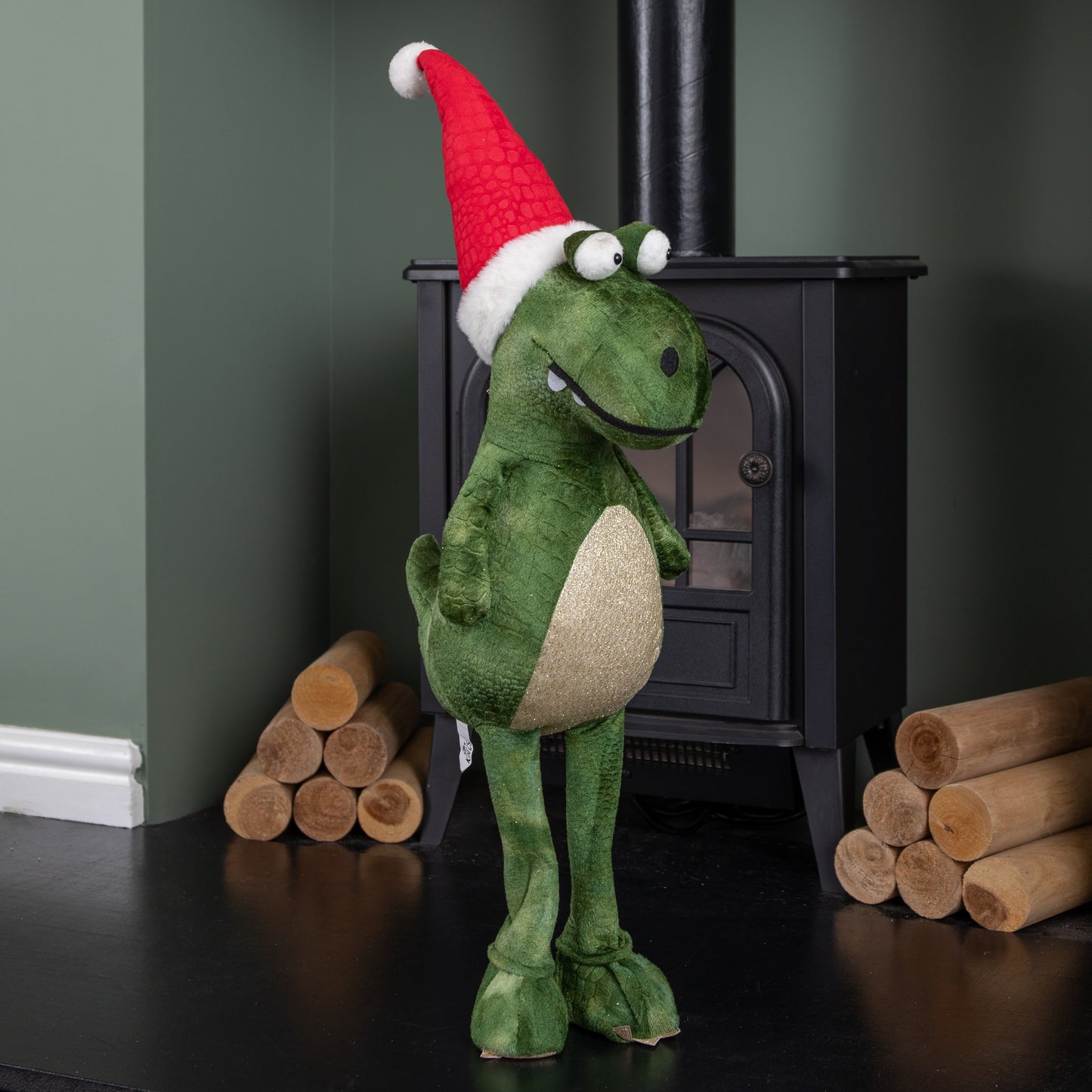 70cm Tall Green Plush Santa-Saurus Dino Standing Christmas Decoration with Santa Hat