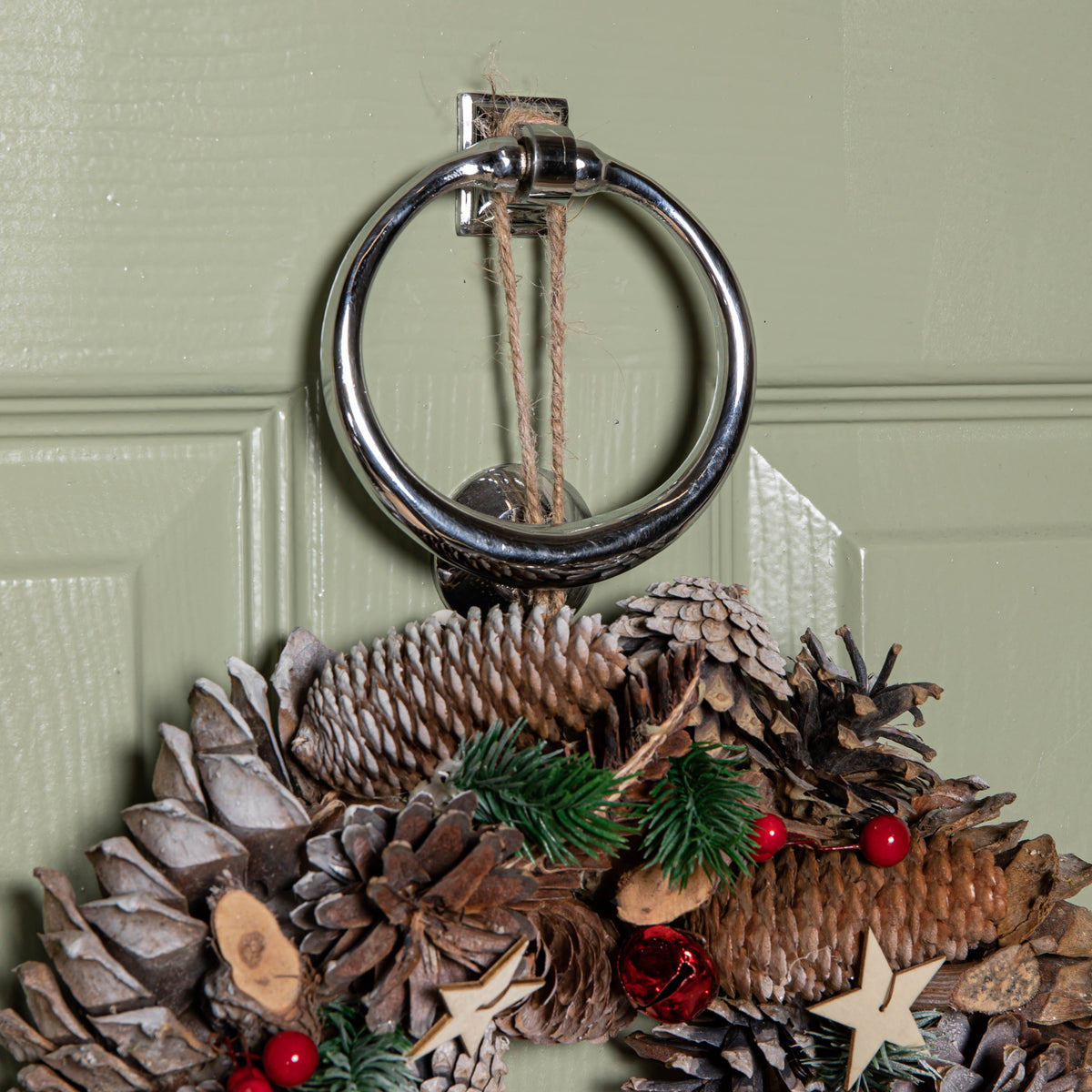 30cm Hanging Christmas Wreath with Red Jingle Bells, Berries and Frosted Stars