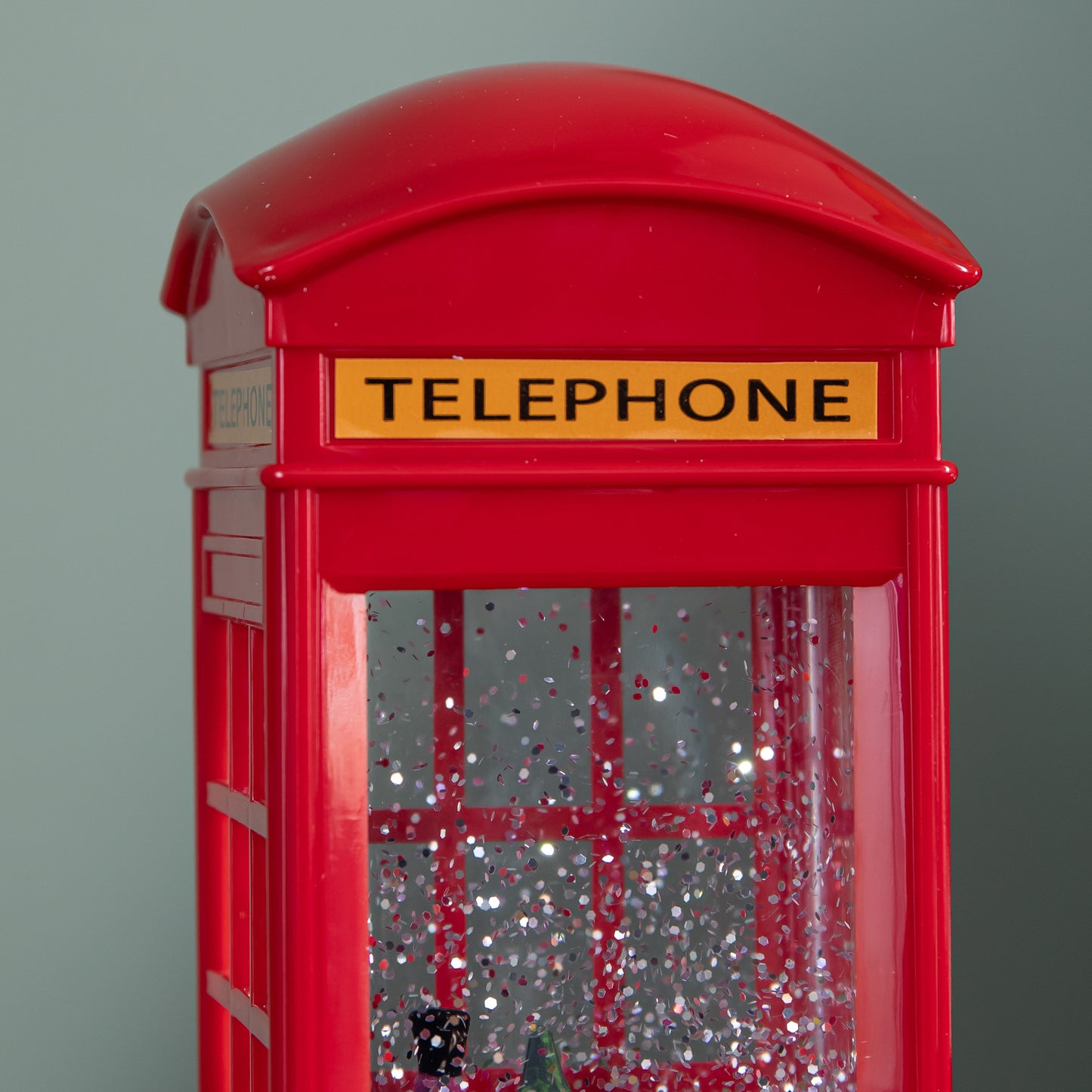 26cm Dual Powered Light up Red Telephone Box Christmas Water Spinner with Snowman Scene