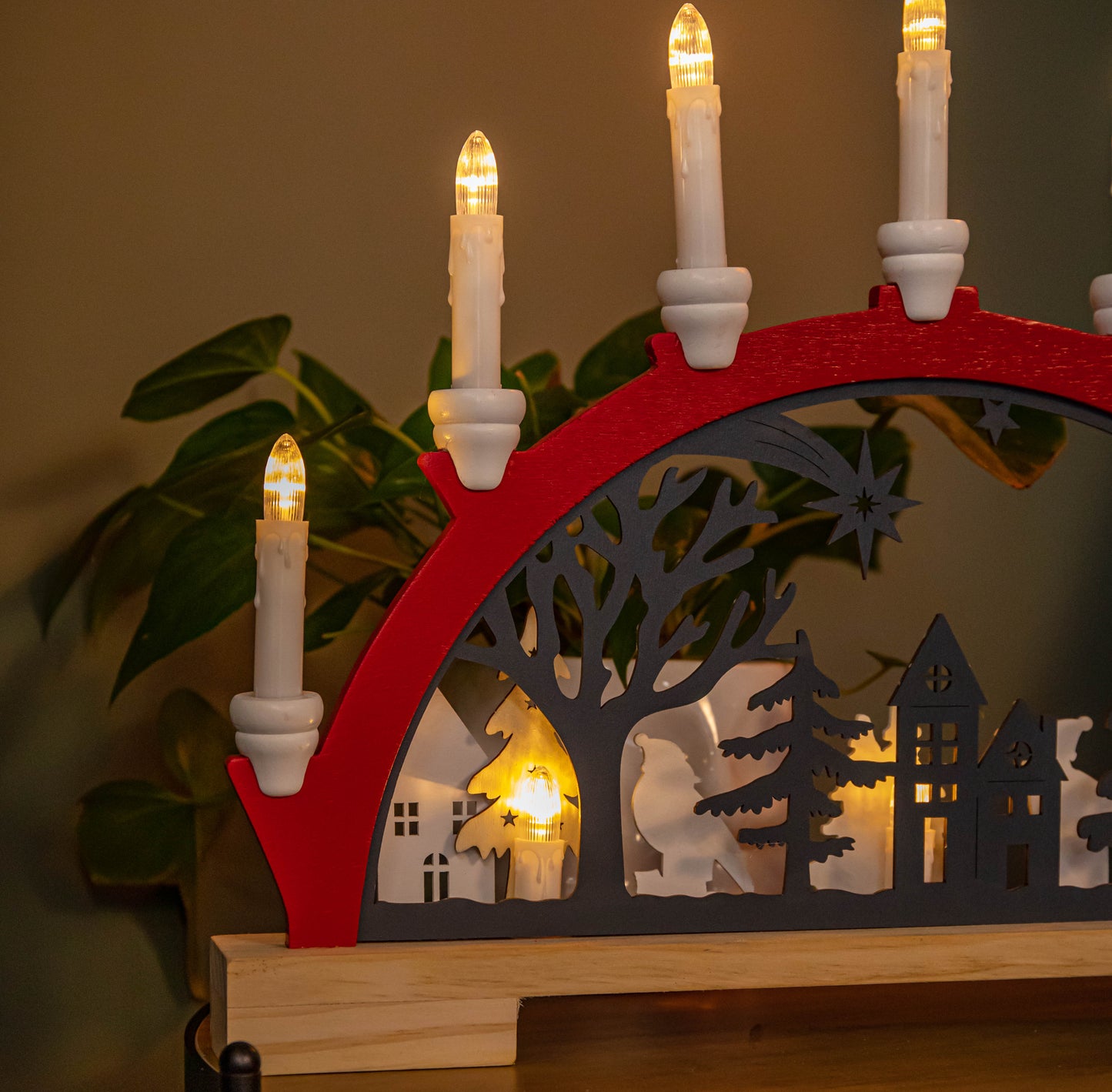 45cm Battery Operated Light up Red Wooden Christmas Candle Bridge with 9 Warm White LEDs