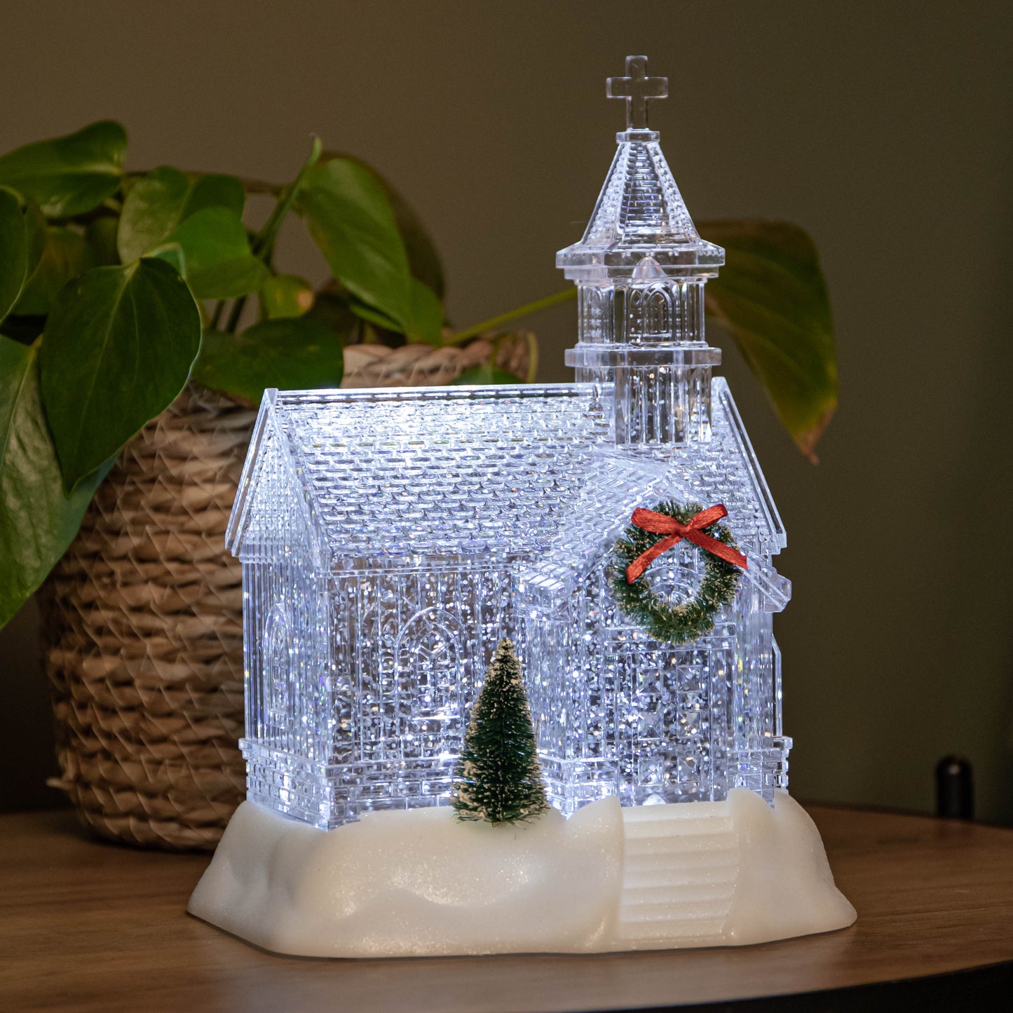 23cm Battery Operated Light up Christmas Church with Swirling Glitter and LEDs