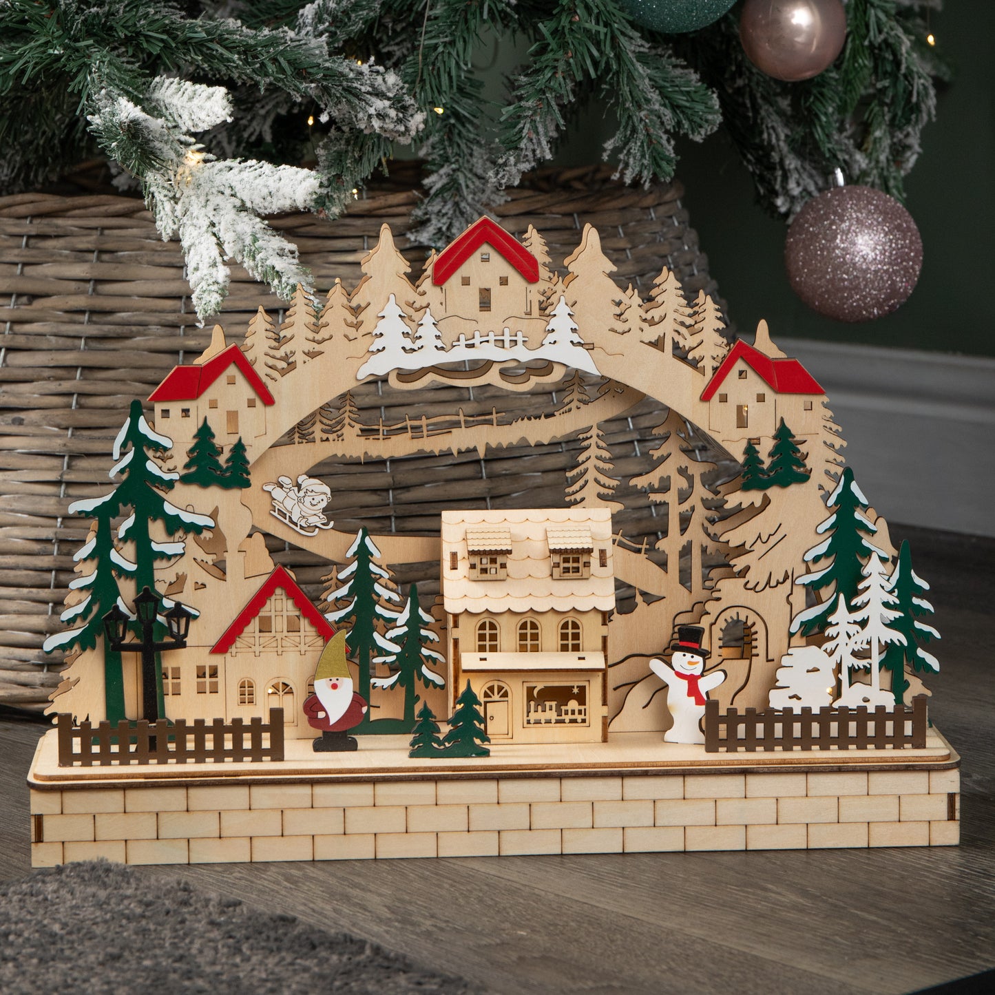 40cm Battery Operated Wooden Christmas Alpine Scene with LEDs