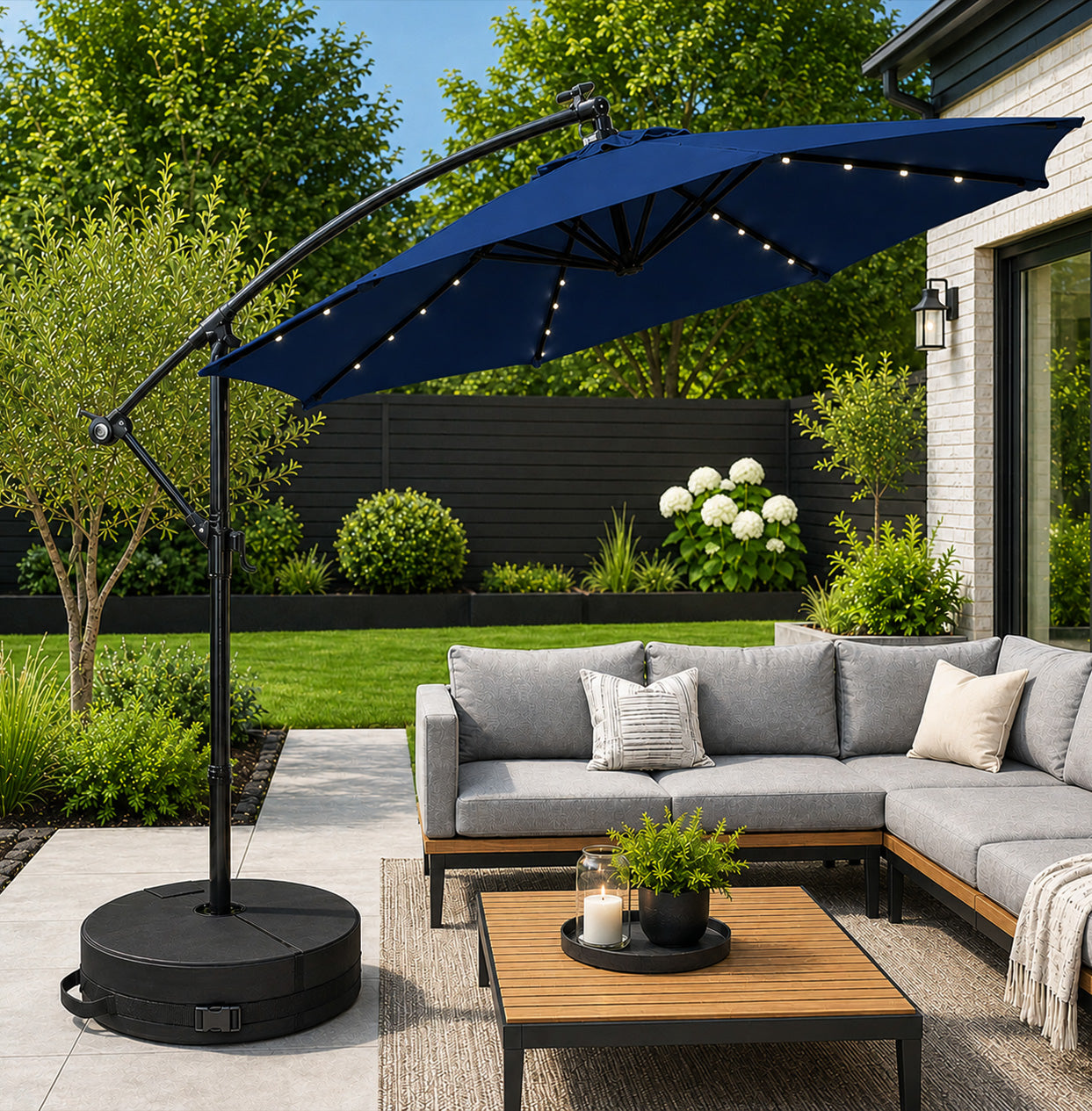 3m Solar Powered Cantilever Lit Banana Garden Parasol with Crank Handle & White LED Lights in Blue with Base Bag Included