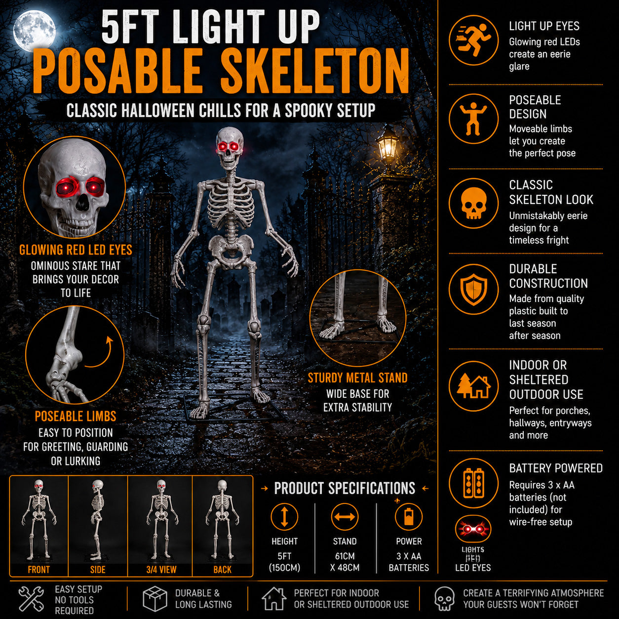 5ft (1.5m) Full Body Halloween Standing Skeleton with Posable Joints & Red LED Eyes