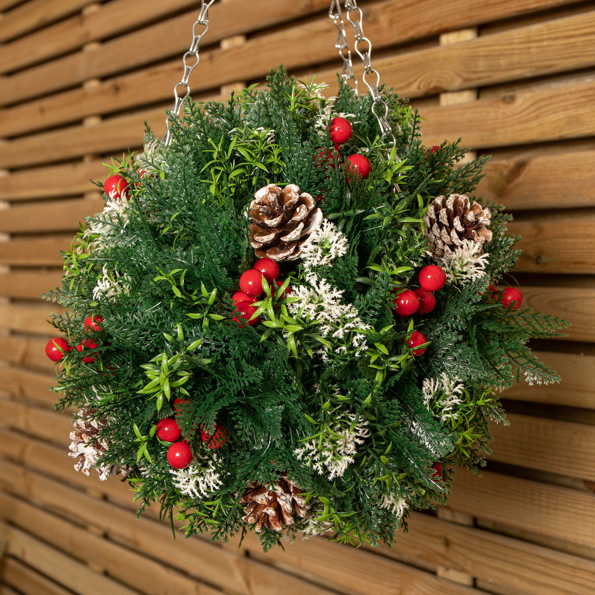 30cm Plastic Christmas Ball with Red Berries, Pinecones & Metal Hanging Hook