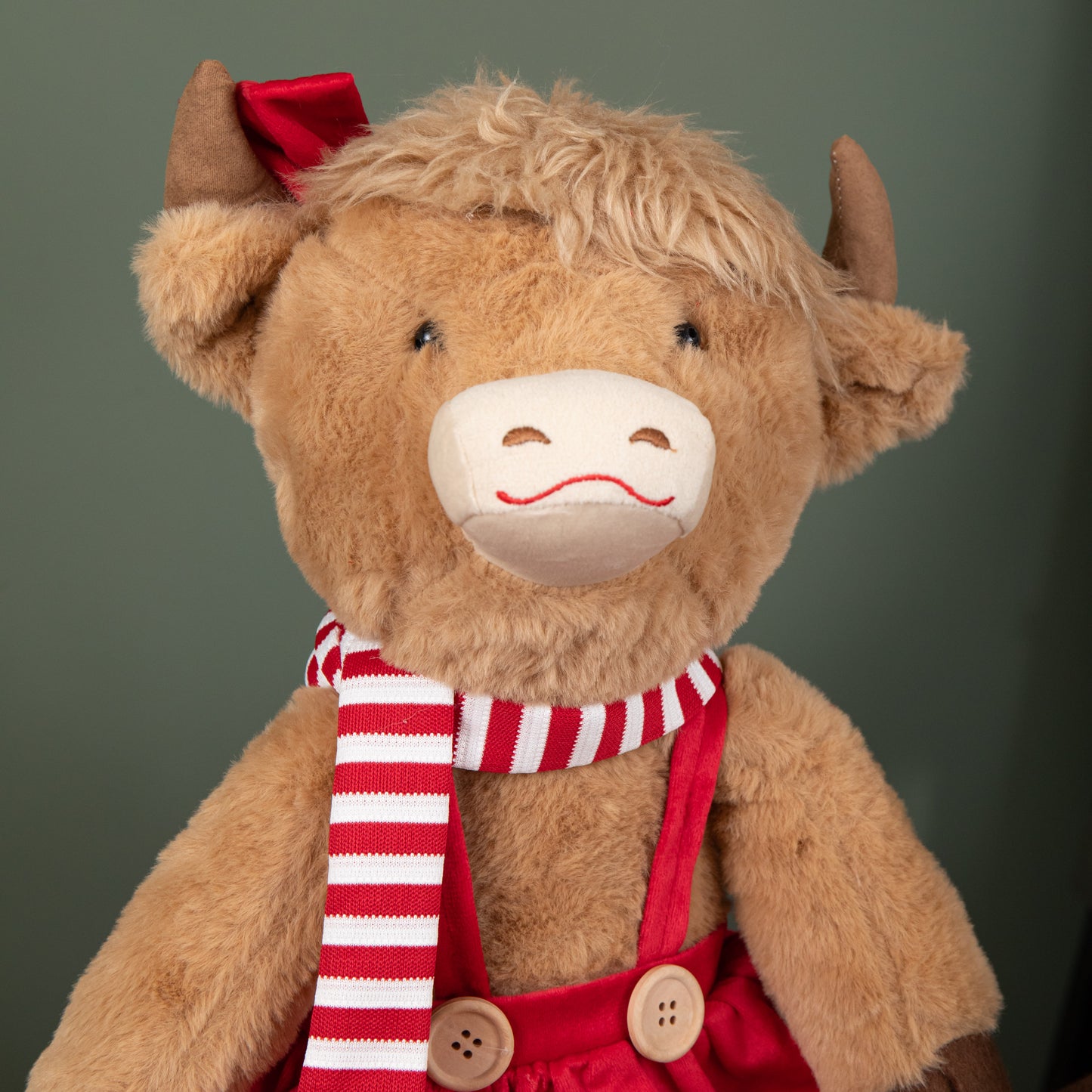 36cm Tall Plush Sitting Christmas Highland Girl Cow in Red Dress
