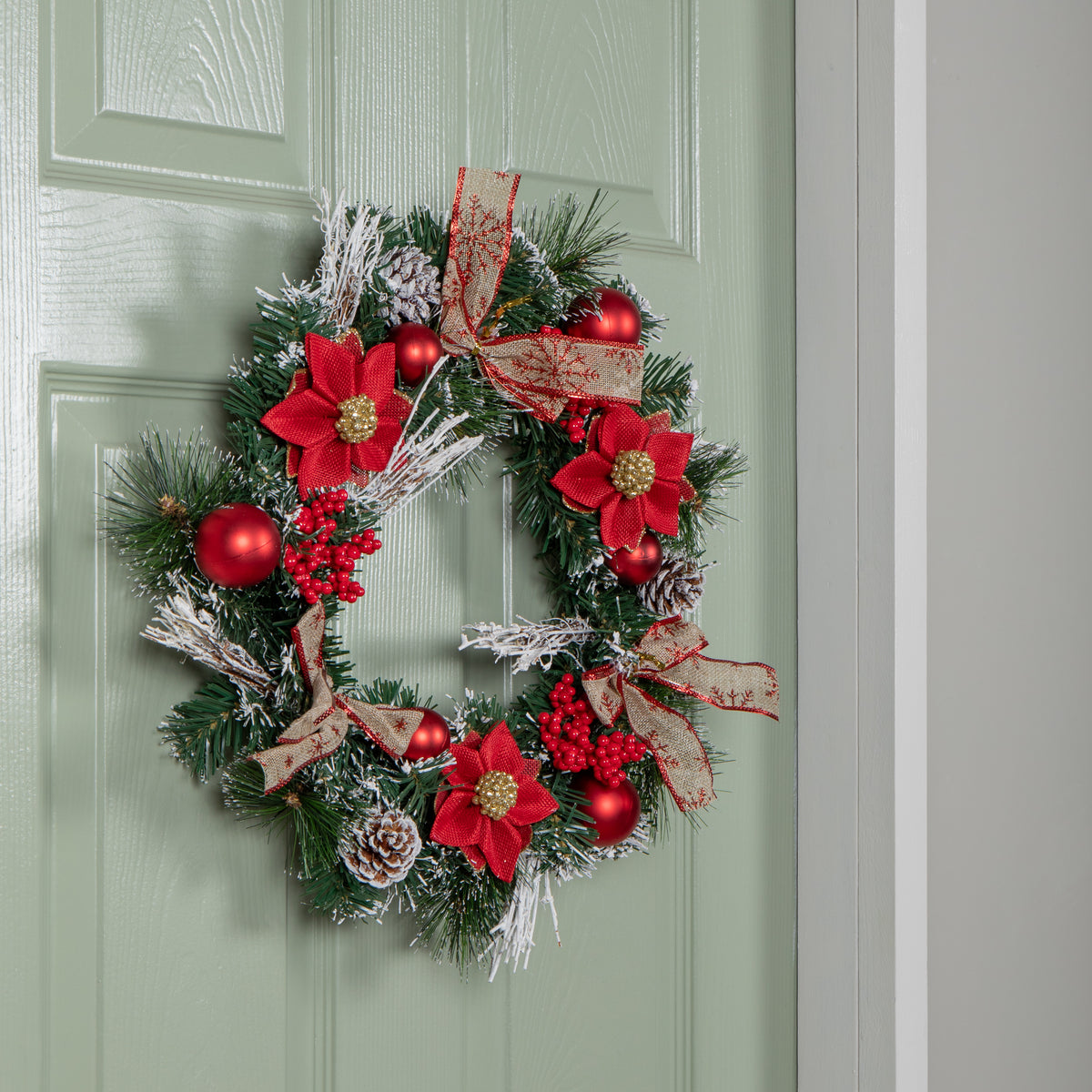 40cm Christmas Wreath with Snow Tipped Branches, Red Berries, Baubles and Bows