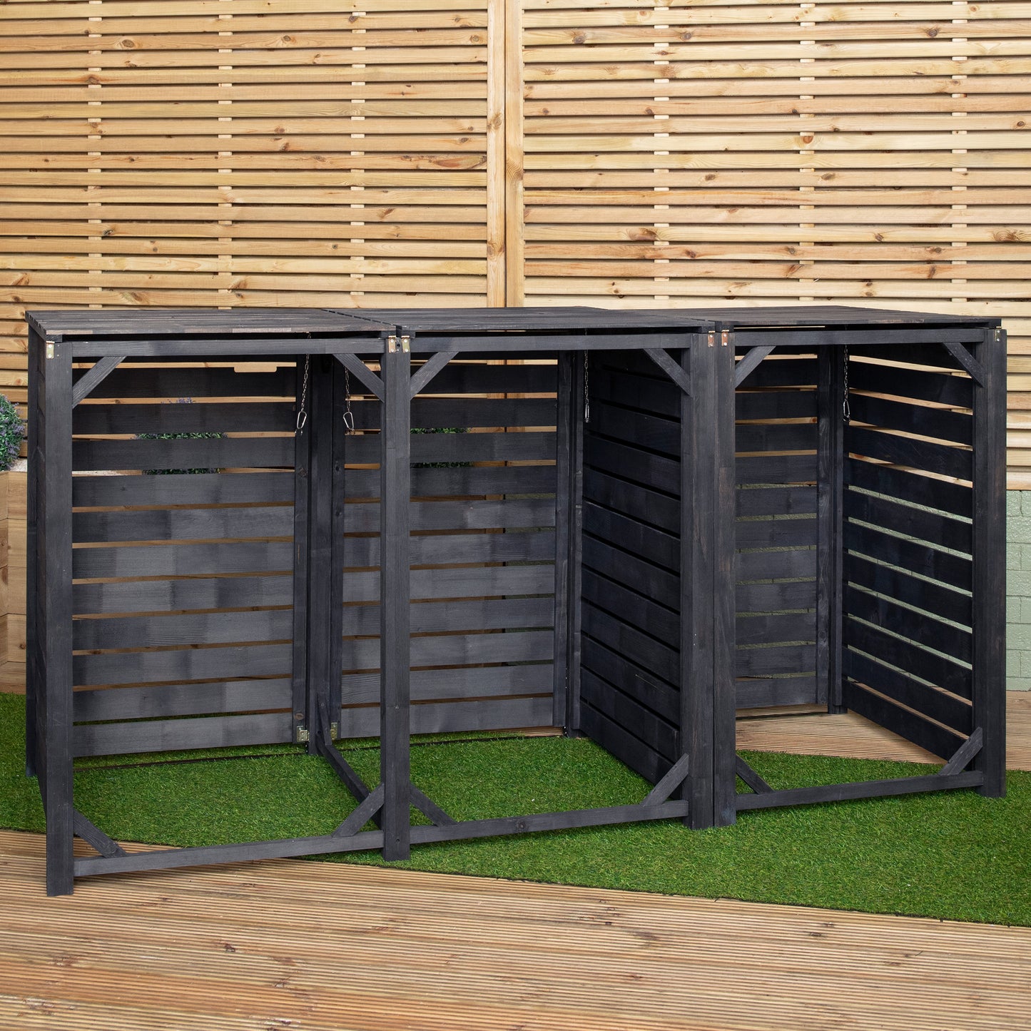 2.15m x 1.16m Outdoor Wooden Garden Triple Wheelie Bin Store Storage for 3 Bins in Dark Grey