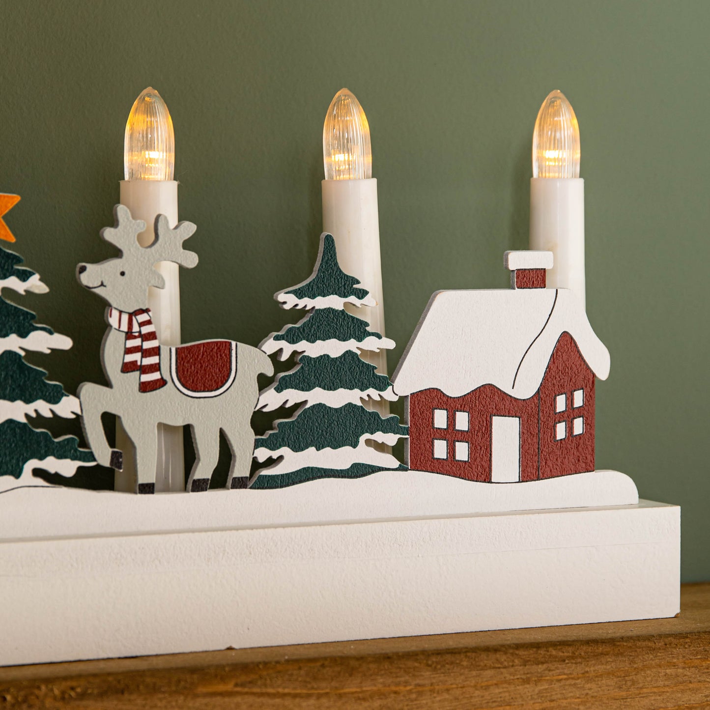28cm Battery Operated Light up White Wooden Christmas Candle Bridge with Santa Scene and 5 LEDs