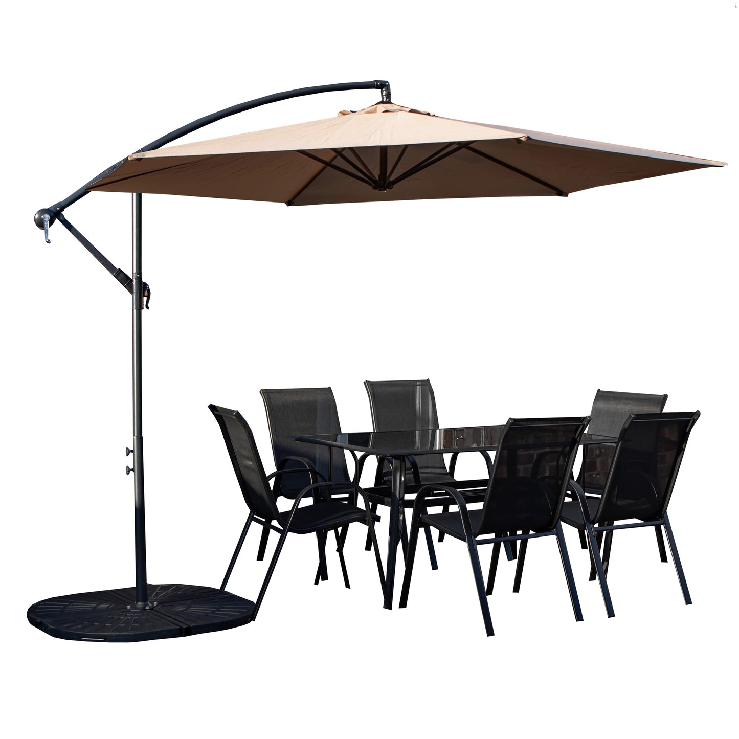Outdoor 6 Person Rectangular Glass Top Garden Dining Table Chairs With Beige Banana Parasol and Base