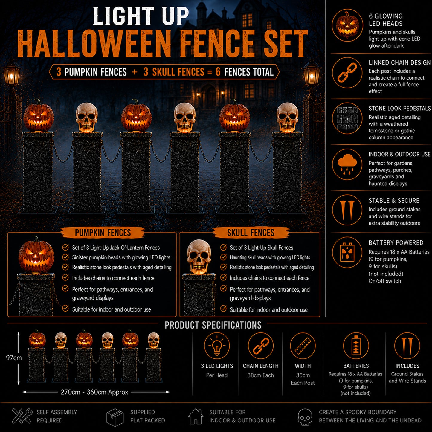 2.4m Battery Powered Light Up Halloween Skull & Pumpkin Fence with LEDs