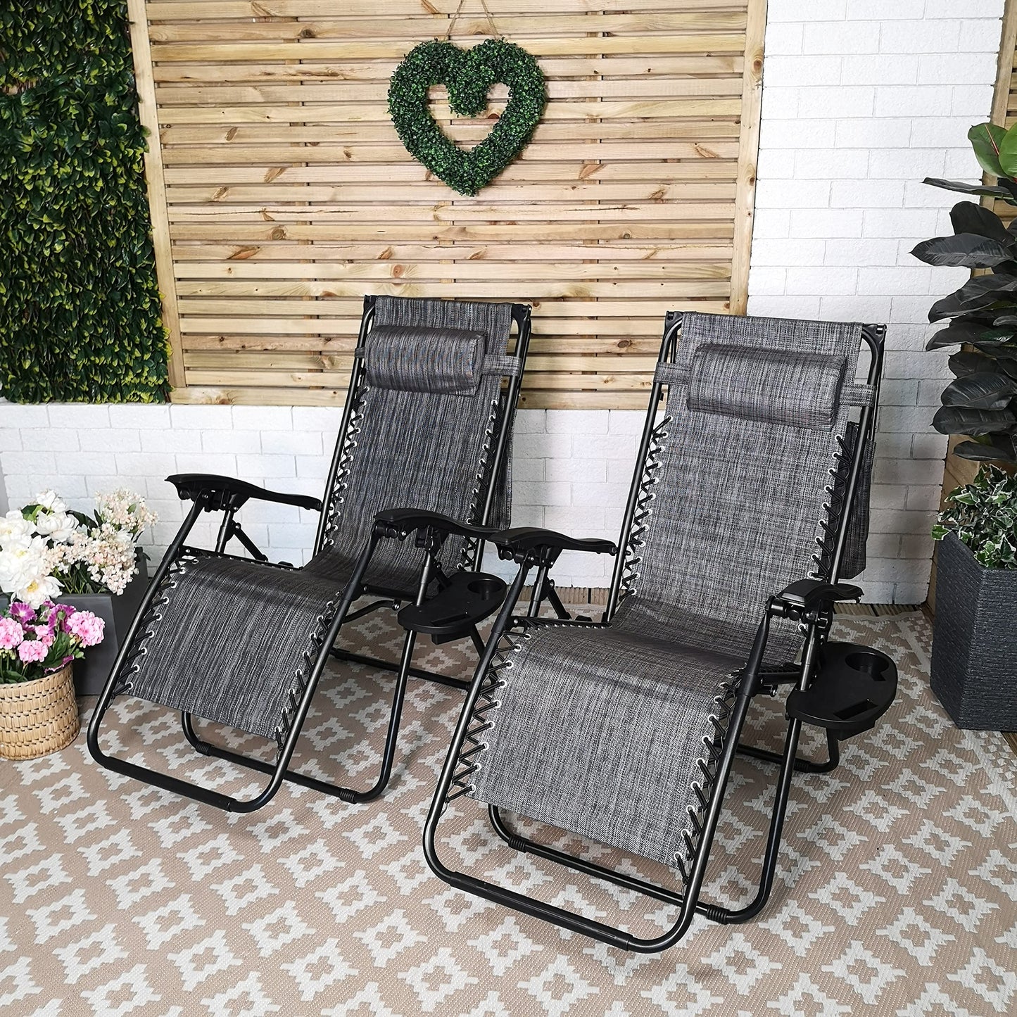 Factory Seconds: Pack of 2 Multi Position Garden Gravity Relaxer Chair Sun Loungers with Sun Canopy in Grey