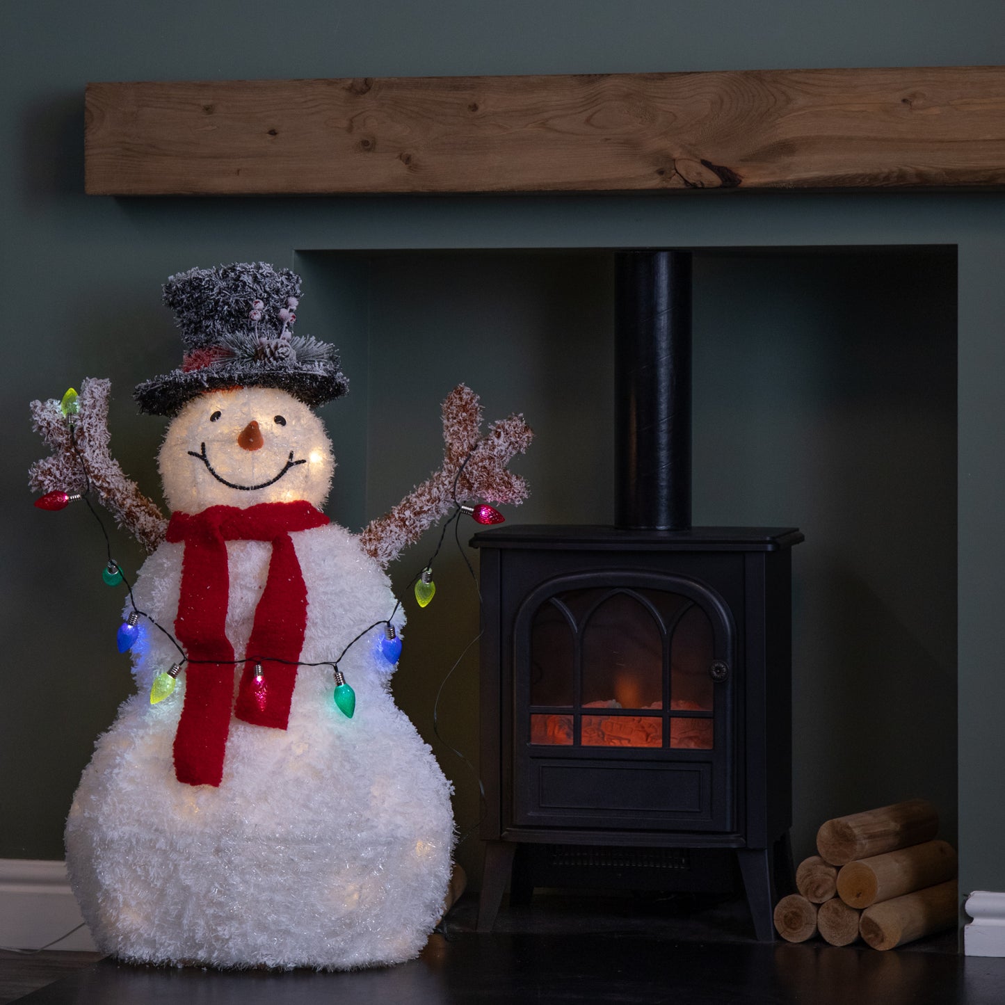 90cm Light up Frosted Tinsel Christmas Snowman with 50 White & Warm White LEDs