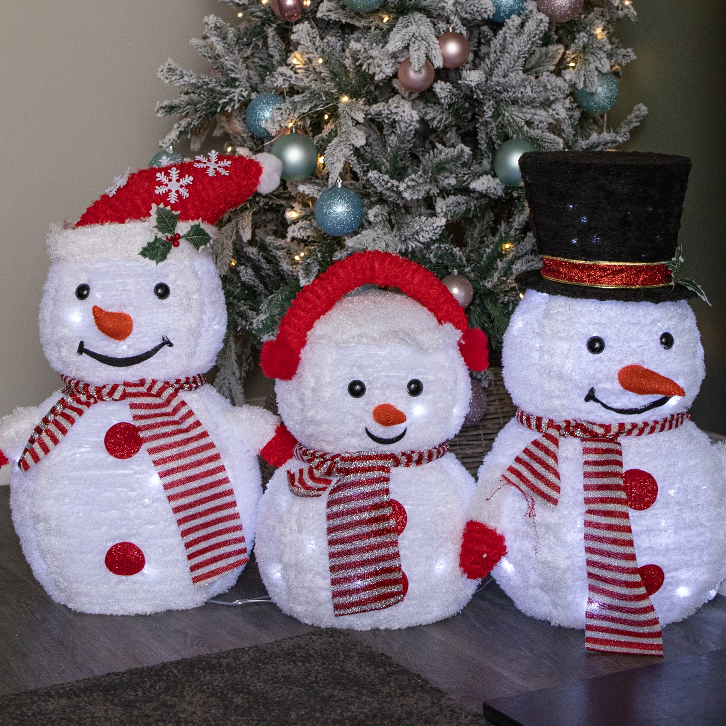 70cm Set of 3 Light up Foldable Cloth Christmas Snowmen with 130 White LEDs