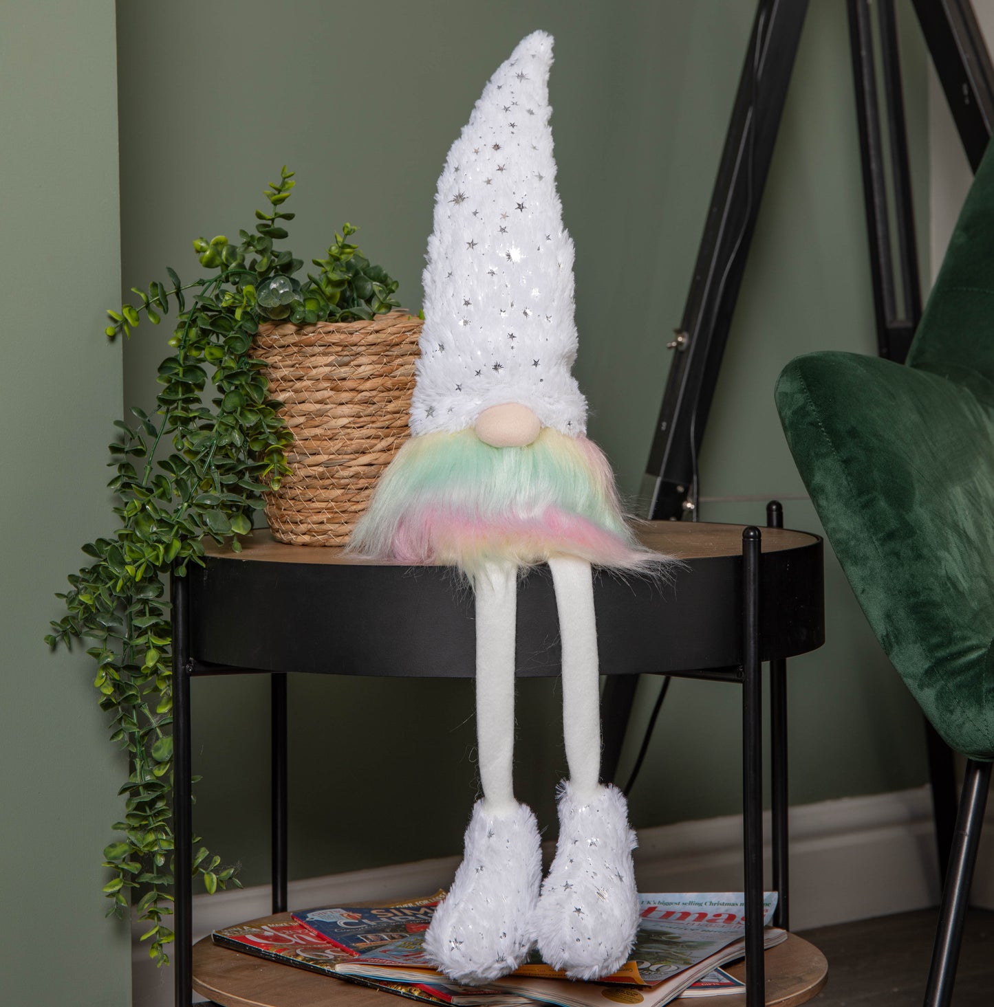 70cm Festive Christmas Rainbow Haired Plush Gonk Dangly Legs & Starry Hat