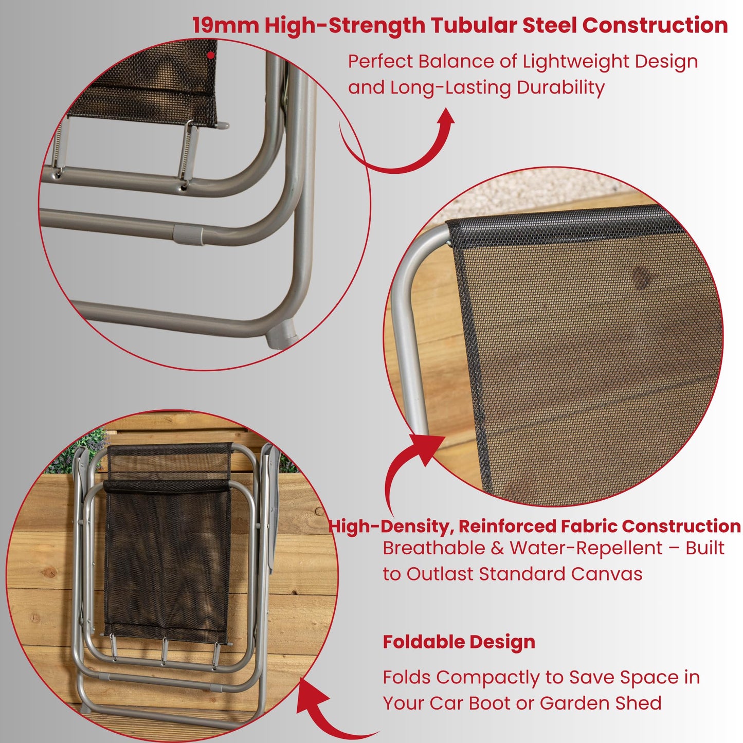 Factory Seconds: 2 x Foldable Garden Chairs Fixed position garden chairs with grey frame and black fabric