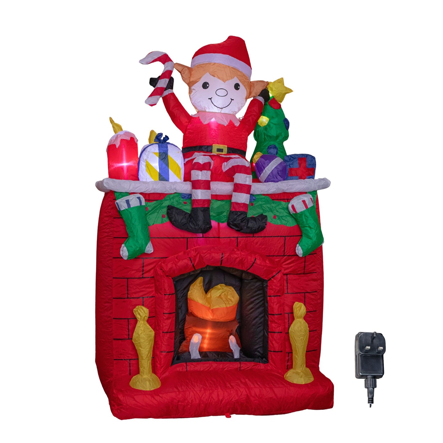 2m Tall Light up Fireplace Christmas Inflatable with Elf and White LEDs