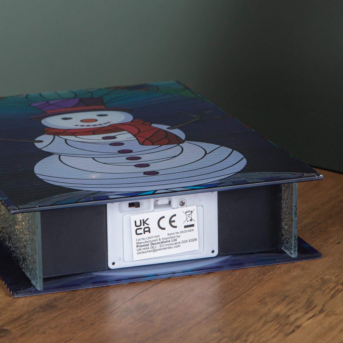 28cm Battery Operated Light up Double Sided Stained Glass Snowman Decoration with LEDs