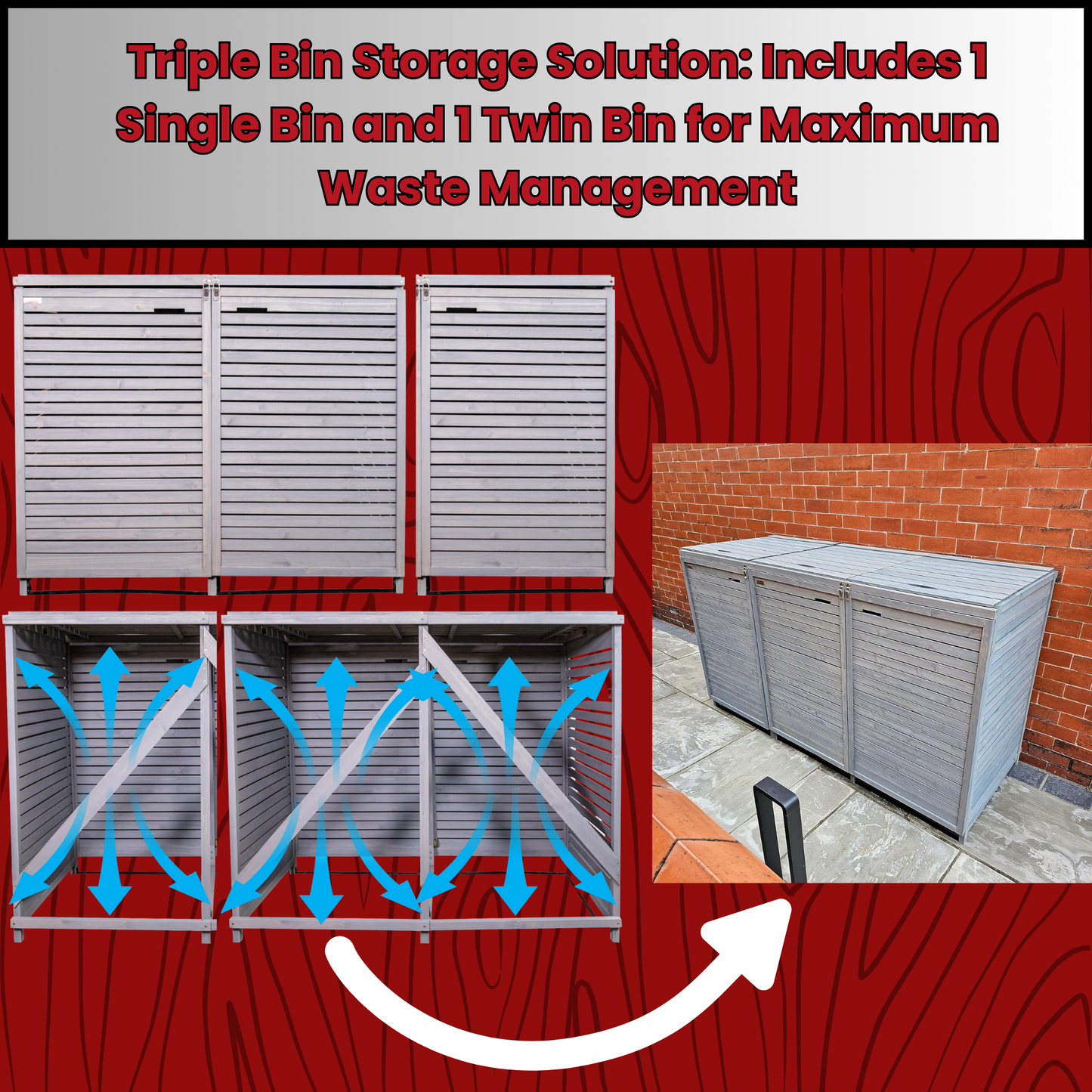 Factory Seconds 2.03m x 1.14m Large Grey Wooden Outdoor Garden Triple Wheelie Bin Store Storage for 3 Bins