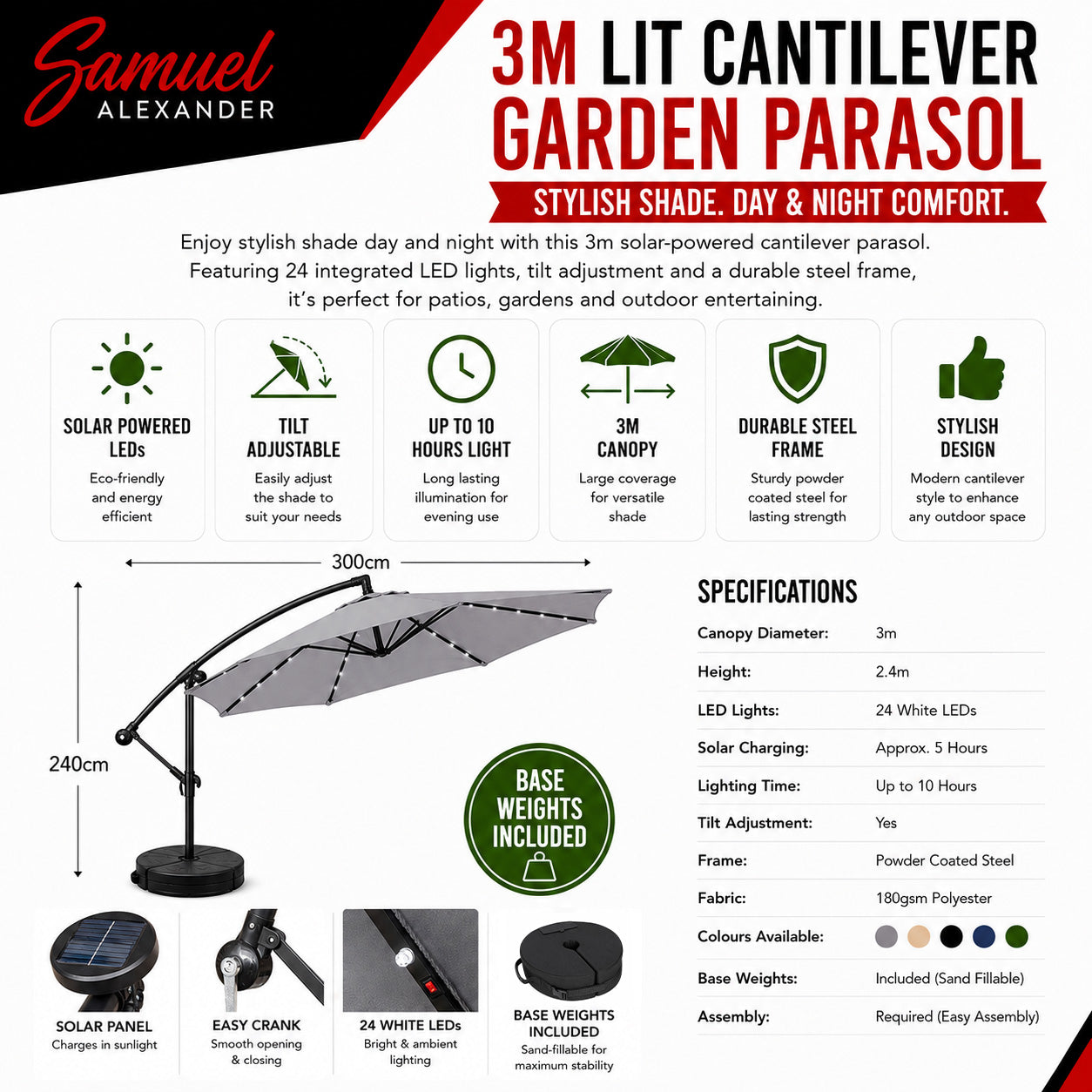 Choice of Colour 3m Hanging Banana Cantilever Garden Lit Parasol with Base Bag Included