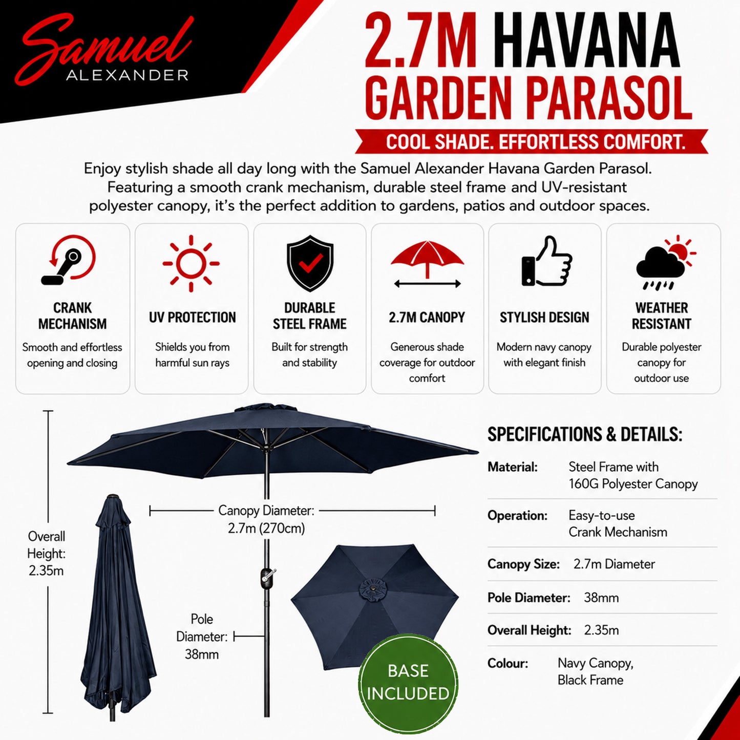 Choice of Colour Samuel Alexander 2.7m Havana Parasol with Crank Handle with 9kg Base Included