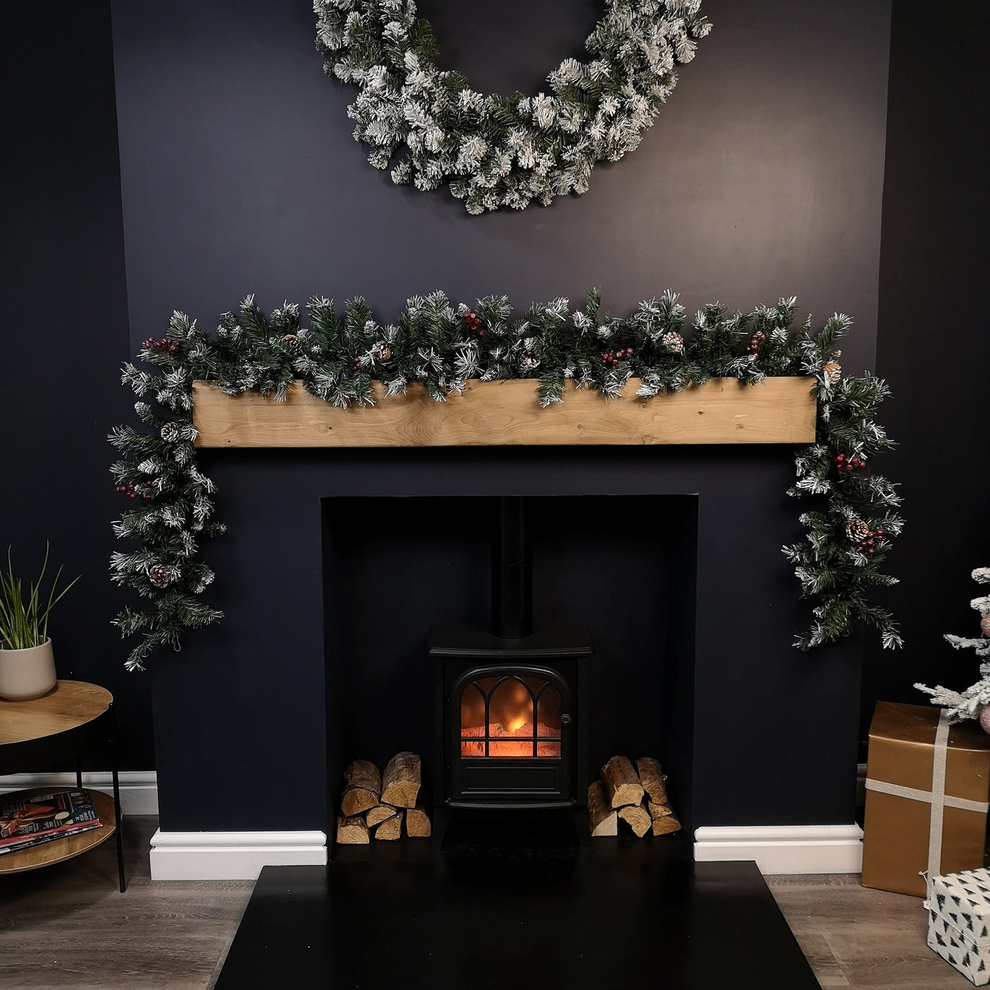 2.7m Green Mixed Needle Christmas Garland with Pine Cones and Red Berries