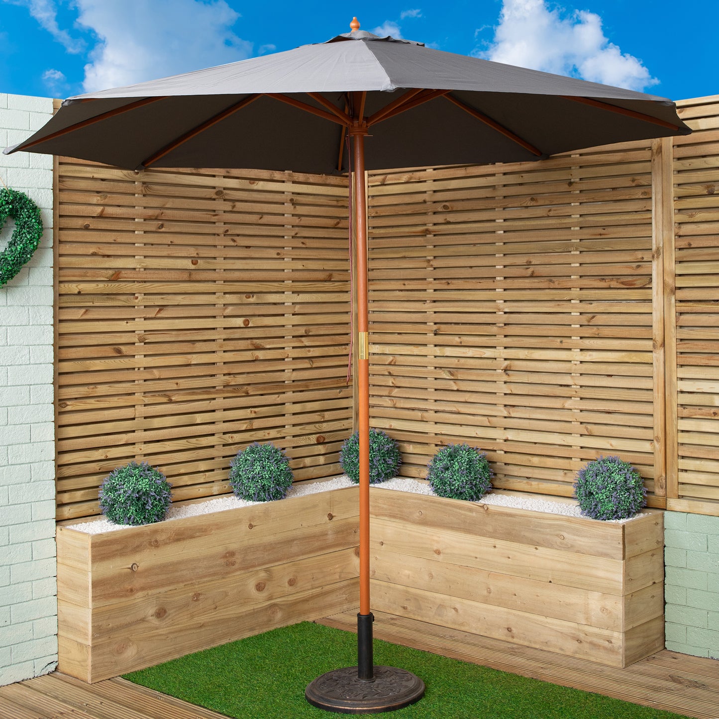 Outdoor 6 Person Rectangular Wooden Garden Dining Table, 2 Benches, Chairs with Grey Parasol and Base Set
