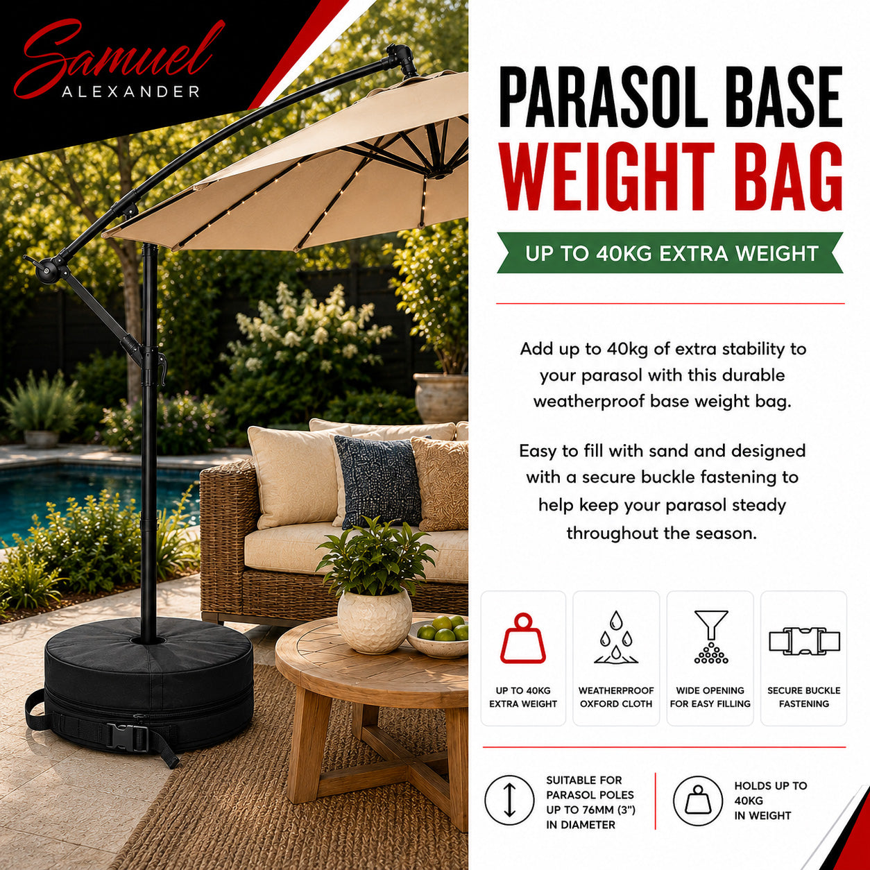 40kg Black Heavy Duty Round Garden Patio Parasol Umbrella Refillable Base Weight Bag