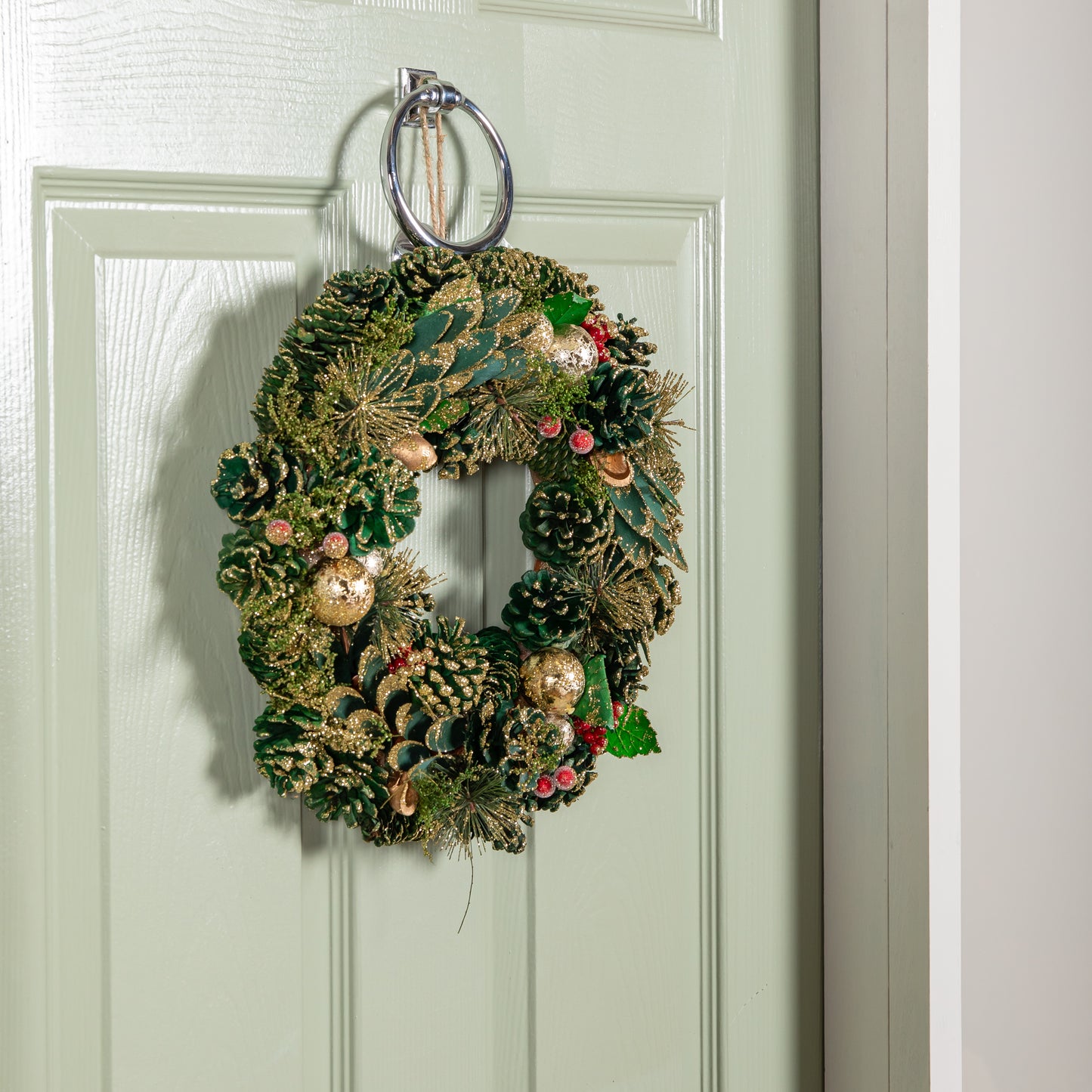 36cm Bauble and Pinecone Hanging Christmas Wreath with Red Berries