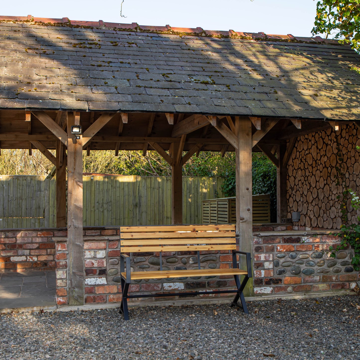 Kendal 2 Person Outdoor Modern Cross Design Metal Wooden Garden Patio Bench