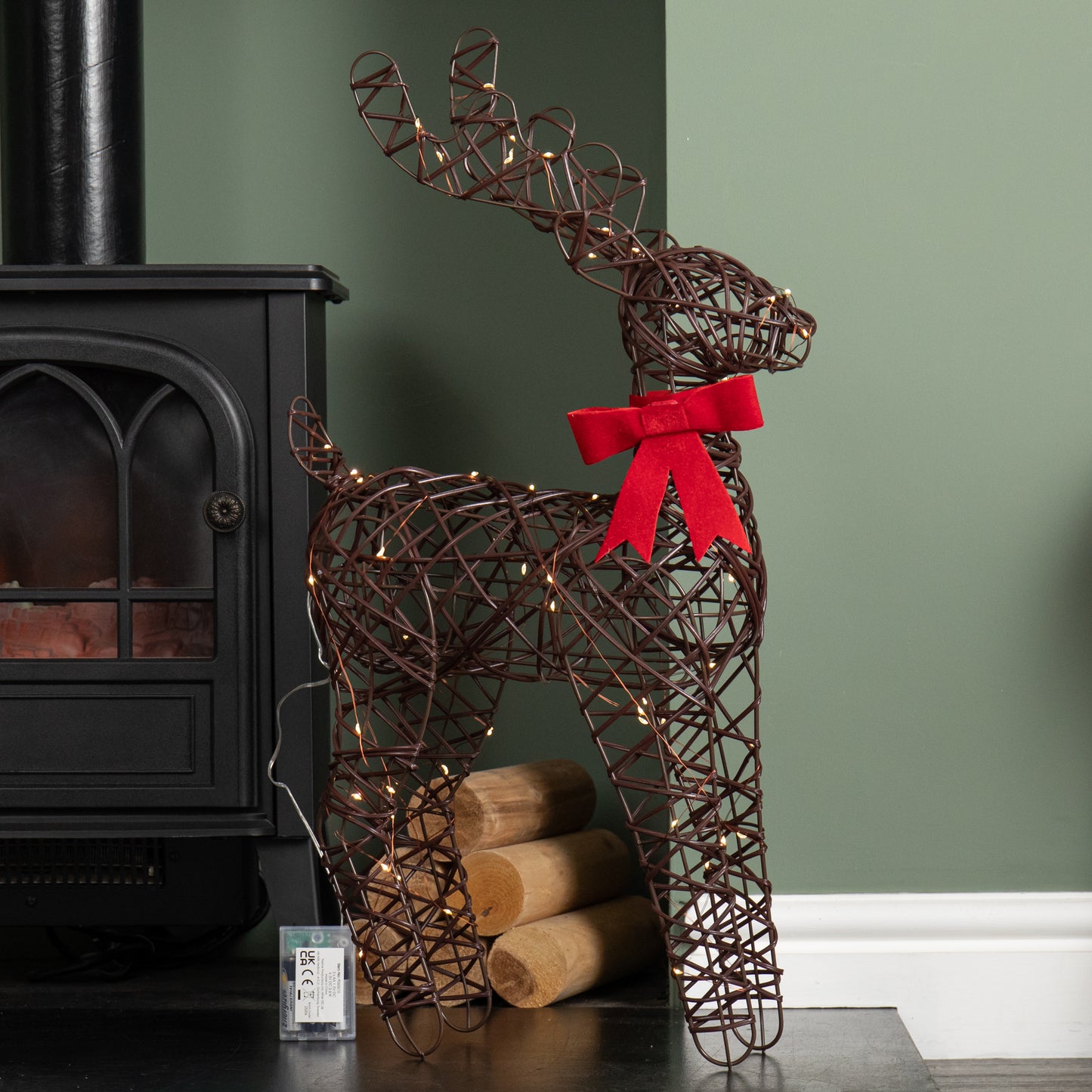 60cm Battery Operated Light up Christmas Reindeer with Red Bow & Warm White LEDs